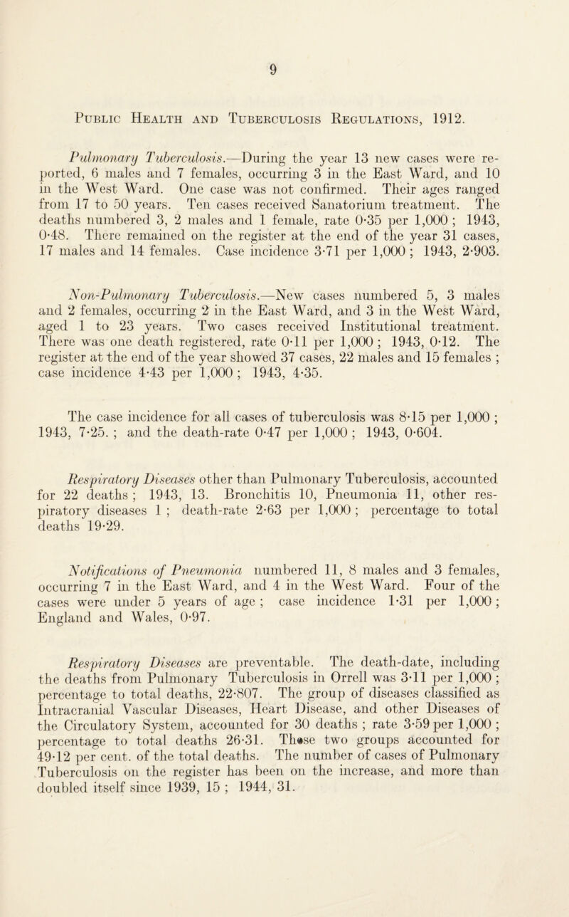 Public Health and Tubebculosis Regulations, 1912. Pulmonary Tuberculosis.—During the year 13 new cases were re¬ ported, 6 males and 7 females, occurring 3 in the East Ward, and 10 in the West Ward. One case was not confirmed. Their ages ranged from 17 to 50 years. Ten cases received Sanatorium treatment. The deaths numbered 3, 2 males and 1 female, rate 0-35 per 1,000 ; 1943, 0-48. There remained on the register at the end of the year 31 cases, 17 males and 14 females. Case incidence 3-71 per 1,000 ; 1943, 2-903. Non-Pulmonary Tuberculosis.—New cases numbered 5, 3 males and 2 females, occurring 2 in the East Ward, and 3 in the West Ward, aged 1 to 23 years. Two cases received Institutional treatment. There was one death registered, rate 0-11 per 1,000 ; 1943, 0-12. The register at the end of the year showed 37 cases, 22 males and 15 females ; case incidence 4-43 per 1,000 ; 1943, 4-35. The case incidence for all cases of tuberculosis was 8-15 per 1,000 ; 1943, 7-25. ; and the death-rate 0-47 per 1,000 ; 1943, 0-604. Respiratory Diseases other than Pulmonary Tuberculosis, accounted for 22 deaths ; 1943, 13. Bronchitis 10, Pneumonia 11, other res¬ piratory diseases 1 ; death-rate 2-63 per 1,000 ; percentage to total deaths 19-29. Notifications of Pneumonia numbered 11,8 males and 3 females, occurring 7 in the East Ward, and 4 in the West Ward. Four of the cases were under 5 years of age ; case incidence 1-31 per 1,000 ; England and Wales, 0-97. Respiratory Diseases are preventable. The death-date, including the deaths from Pulmonary Tuberculosis in Orrell was 3-11 per 1,000 ; percentage to total deaths, 22-807. The group of diseases classified as Intracranial Vascular Diseases, Heart Disease, and other Diseases of the Circulatory System, accounted for 30 deaths ; rate 3-59 per 1,000 ; percentage to total deaths 26-31. Thase two groups accounted for 49-12 per cent, of the total deaths. The number of cases of Pulmonary Tuberculosis on the register has been on the increase, and more than doubled itself since 1939, 15 ; 1944, 31.