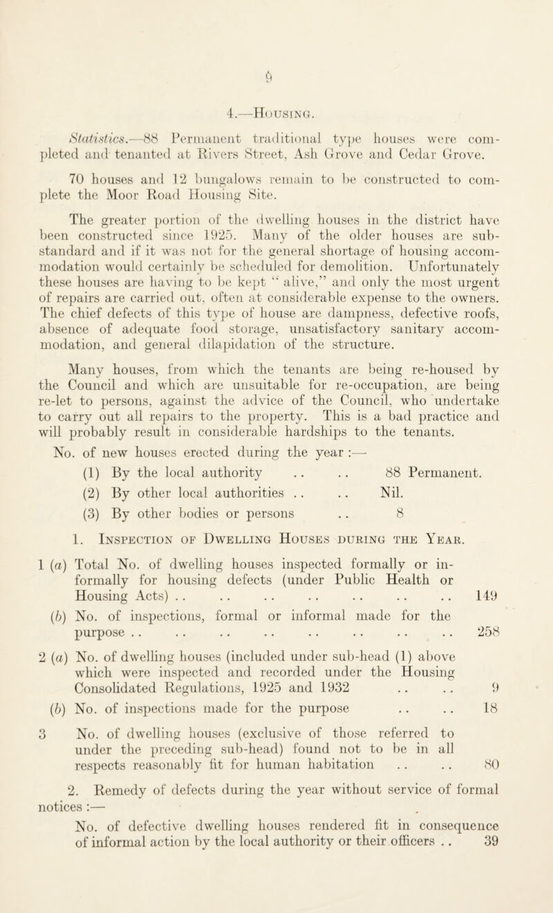 4.—Housing. Statistics.—88 Permanent traditional type houses were com¬ pleted and tenanted at Rivers Street, Ash Grove and Cedar Grove. 70 houses and 12 bungalows remain to be constructed to com¬ plete the Moor Road Housing Site. The greater portion of the dwelling houses in the district have been constructed since 1925. Many of the older houses are sub¬ standard and if it was not for the general shortage of housing accom¬ modation would certainly be scheduled for demolition. Unfortunately these houses are having to be kept “ alive,” and only the most urgent of repairs are carried out, often at considerable expense to the owners. The chief defects of this type of house are dampness, defective roofs, absence of adequate food storage, unsatisfactory sanitary accom¬ modation, and general dilapidation of the structure. Many houses, from which the tenants are being re-housed by the Council and which are unsuitable for re-occupation, are being re-let to persons, against the advice of the Council, who undertake to carry out all repairs to the property. This is a bad practice and will probably result in considerable hardships to the tenants. No. of new houses erected during the year :— (1) By the local authority .. .. 88 Permanent. (2) By other local authorities .. .. Nil. (3) By other bodies or persons .. 8 1. Inspection of Dwelling Houses during the Year. 1 (a) Total No. of dwelling houses inspected formally or in¬ formally for housing defects (under Public Health or Housing Acts) .. .. .. .. .. .. .. 149 (b) No. of inspections, formal or informal made for the purpose .. .. .. .. .. .. .. .. 258 2 (a) No. of dwelling houses (included under sub-head (1) above which were inspected and recorded under the Housing Consolidated Regulations, 1925 and 1932 .. .. 9 (b) No. of inspections made for the purpose .. .. 18 3 No. of dwelling houses (exclusive of those referred to under the preceding sub-head) found not to be in all respects reasonably fit for human habitation .. .. 80 2. Remedy of defects during the year without service of formal notices :— No. of defective dwelling houses rendered fit in consequence of informal action by the local authority or their officers .. 39