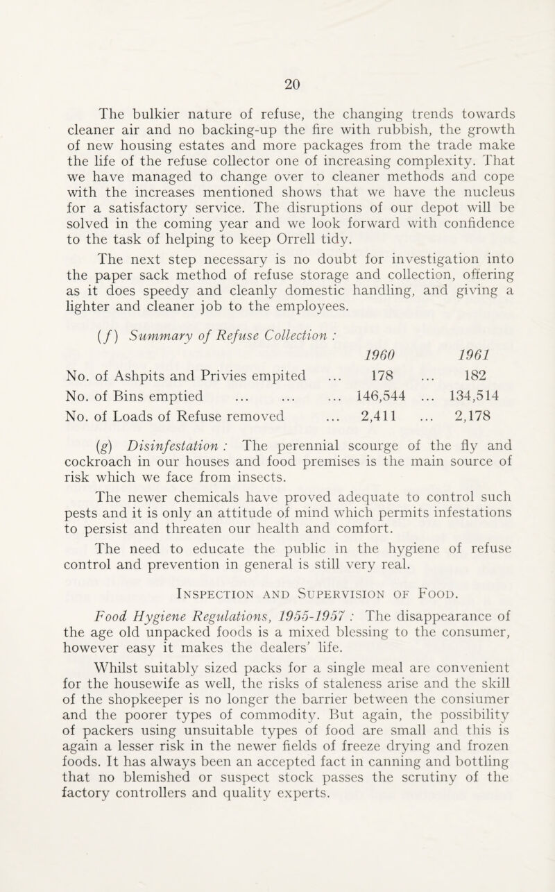 The bulkier nature of refuse, the changing trends towards cleaner air and no backing-up the kre with rubbish, the growth of new housing estates and more packages from the trade make the life of the refuse collector one of increasing complexity. That we have managed to change over to cleaner methods and cope with the increases mentioned shows that we have the nucleus for a satisfactory service. The disruptions of our depot will be solved in the coming year and we look forward with confidence to the task of helping to keep Orrell tidy. The next step necessary is no doubt for investigation into the paper sack method of refuse storage and collection, offering as it does speedy and cleanly domestic handling, and giving a lighter and cleaner job to the employees. (/) Summary of Refuse Collection : 1960 1961 No. of Ashpits and Privies empited ... 178 ... 182 No. of Bins emptied ... ... ... 146,544 ... 134,514 No. of Loads of Refuse removed ... 2,411 ... 2,178 (g) Disinfestation : The perennial scourge of the fly and cockroach in our houses and food premises is the main source of risk which we face from insects. The newer chemicals have proved adequate to control such pests and it is only an attitude of mind which permits infestations to persist and threaten our health and comfort. The need to educate the public in the hygiene of refuse control and prevention in general is still very real. Inspection and Supervision of Food. Food Hygiene Regulations, 1955-1957 : The disappearance of the age old unpacked foods is a mixed blessing to the consumer, however easy it makes the dealers’ life. Whilst suitably sized packs for a single meal are convenient for the housewife as well, the risks of staleness arise and the skill of the shopkeeper is no longer the barrier between the consiumer and the poorer types of commodity. But again, the possibility of packers using unsuitable types of food are small and this is again a lesser risk in the newer fields of freeze drying and frozen foods. It has always been an accepted fact in canning and bottling that no blemished or suspect stock passes the scrutiny of the factory controllers and quality experts.