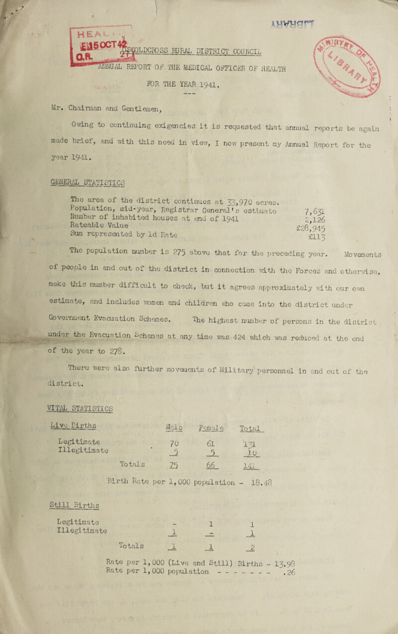 )l)4WM0rT heal iltfiOCT' Q.& 3LDCRQSS RURAL DISTRICT COUNCIL ®UAL REPORT OR THE MEDICAL OFFICER OF HEALTH FOR THE YEAR 1941. Mr. Chairman and Gentlemen, Owing to continuing exigencies it is requested that annual reports be again made brief, find with this need in view, I now present my Annual Report for the year 1941. GENERAL STATISTIC8 The area of the district continues at 33,970 acres. Population, mid-year, Registrar General's estimate 7}631 Number of inhabited houses at end of 1941 g 126 Rateable Value £28 94b Sum represented by Id Rate ' ^ gpq- lhe population number is 275 above that for the preceding year. Movements ol people in and out of the district in connection with the Forces and otherwise, moke this number difficult to check, but it agrees approximately with our own estimate, and includes women and children who came into the district under Government Evacuation Schemes. The highest number of persons in the district under the Evacuation Schemes at any time was 424 which was reduced at the end of the year to 278. There were also further movements of Military personnel in district. VITAL STATISTICS Live Births Mai 0 Female To tal Legitimate 70 61 1X1 Illegitimate 5 10 Totals 75 66 141 Birth Rate per 1,000 population - 18.48 and out of the Still Births Legitimate _ 1 q Illegitimate 1 - q To tfils 1 l 2 Rate per 1,000 (Live and Still) Births - I3.98 Rate per 1,000 population ,26