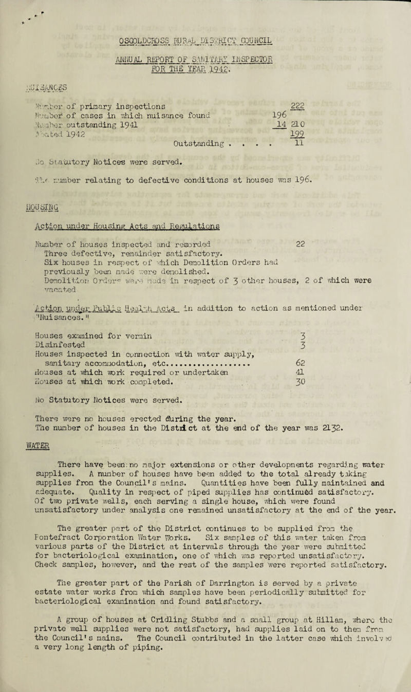 OSGOLDCRDSS RURAL district council ANNUAL REPORT OF SANITARY INSPECTOR FOR THE YEAR' 1942. Nui&J^GES Number of primary inspections Nv tuber of cases in aidch nuisance found Number outstanding 1941 Routed 1942 Outstanding . 222 196  14 210 192 11 Jo Statutory Notices were served. IV number relating to defective conditions at houses was 196. HOUSING Action under Housing Acts and Regulations Number of houses inspected and recorded 22 Three defective, remainder satisfactory. Six houses in respect of which Demolition Orders had previously been made were demolished. Demolition Order0 were made in respect of 3 other houses, 2 of which were vacated * Action, under Public Health Acts in addition to action as mentioned under ’’Nuisances. Houses examined for vermin 3 Disinfested 3 Houses inspected in connection with water supply, sanitary accommodation, etc. 62 douses at which work required or undertaken 41 Houses at which'wo ric completed. 39 No Statutory Notices were served. There were no houses erected during the year. The number of houses in the District at the end of the year was 2132. WATER There have been: no major extensions or other developments regarding water supplies. A number of houses have been added to the total already taking supplies from the Council's mains. Quantities have been fully maintained and adequate. Quality in respect of piped supplies has continued satisfactory. Of two private wells, each serving a single house, which were found unsatisfactory under analysis one remained unsatisfactory at the end of the year. The greater part of the District continues to be supplied from the Fontefract Corporation Water Works. Six samples of this ’water taken from various parts of the District at intervals through the year were submitted for bacteriological examination, one of which was reported unsatisfactory. Check samples, however, and the rest of the samples were reported satisfactory. The greater part of the Parish of Darrington is served by a private estate water works from which samples have been periodically submitted for bacteriological examination and found satisfactory. A group of houses at Cridling Stubbs and a small group at Hill am, where the private well supplies were not satisfactory, had supplies laid on to them from the Council's mains. The Council contributed in the latter case which involved a very long length of piping.