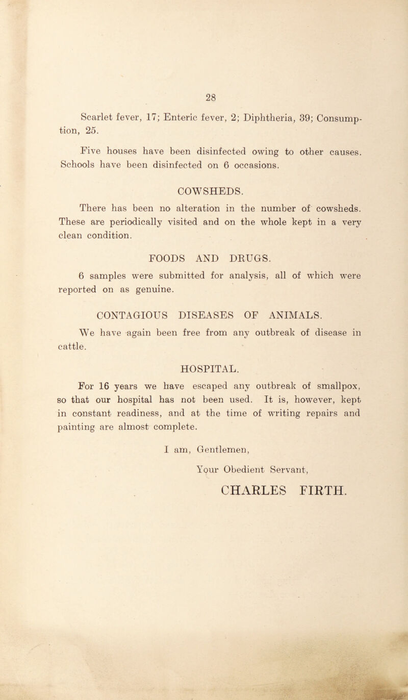 Scarlet fever, 17; Enteric fever, 2; Diphtheria, 39; Consump¬ tion, 25. Five houses have been disinfected owing to other causes. Schools have been disinfected on 6 occasions. COWSHEDS. There has been no alteration in the number of cowsheds. These are periodically visited and on the whole kept in a very clean condition. FOODS AND DRUGS. 6 samples were submitted for analysis, all of which were reported on as genuine. CONTAGIOUS DISEASES OF ANIMALS. We have again been free from any outbreak of disease in cattle. HOSPITAL. For 16 years we have escaped any outbreak of smallpox, so that our hospital has not been used. It is, however, kept in constant readiness, and at the time of writing repairs and painting are almost complete. I am, Gentlemen, Your Obedient Servant, CHARLES FIRTH,