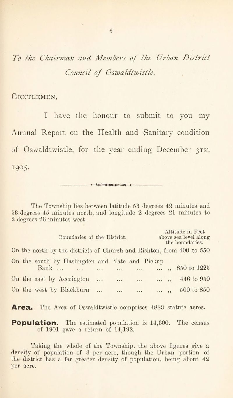 To the Chairman and Members of the Urban Distinct Council of Oswaldtwistle. Gentlemen* I have the honour to submit to you my Annual Report on the Health and Sanitary condition of Oswaldtwistle, for the year ending December 31st 1905. —--- The Township lies between latitude 53 degrees 42 minutes and 53 degress 45 minutes north, and longitude 2 degrees 21 minutes to 2 degrees 26 minutes west. Altitude in Feet Boundaries of the District. above sea level along the boundaries. On the north by the districts of Church and Rishton, from 400 to 550 On the south by Haslingden and Yate and Pickup Bank ... ... ... ... ... ... ,, 850 to 1225 On the east by Accrington ... ... ... ... ,, 446 to 950 On the west by Blackburn ... ... ... ... ,, 500 to 850 Area. The Area of Oswaldtwistle comprises 4883 statute acres. Population. The estimated population is 14,600. The census of 1901 gave a return of 14,192. Taking the whole of the Township, the above figures give a density of population of 3 per acre, though the Urban portion of the district has a far greater density of population, being about 42 per acre.