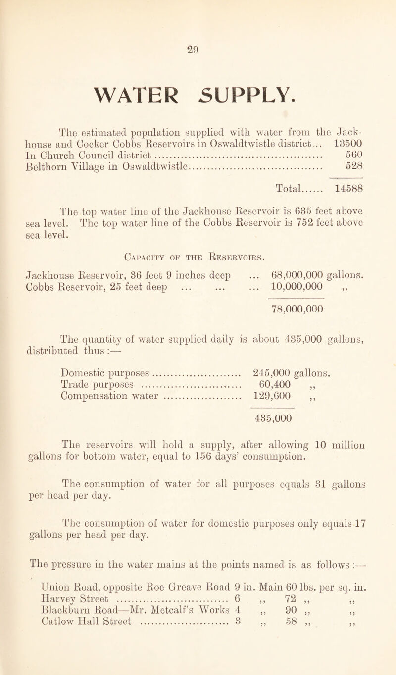 WATER SUPPLY. The estimated population supplied with water from the Jack- house and Cocker Cobbs Reservoirs in Oswaldtwistle district... 18500 In Church Council district. 560 Belthorn Village in Oswaldtwistle. 528 Total. 14588 The top water line of the Jackhouse Reservoir is 635 feet above sea level. The top water line of the Cobbs Reservoir is 752 feet above sea level. Capacity of the Reservoirs. Jackhouse Reservoir, 36 feet 9 inches deep ... 68,000,000 gallons. Cobbs Reservoir, 25 feet deep ... ... ... 10,000,000 ,, 78,000,000 The quantity of water supplied daily is about 485,000 gallons, distributed thus :— Domestic purposes. 245,000 gallons. Trade purposes . 60,400 ,, Compensation water . 129,600 ,, 435,000 The reservoirs will hold a supply, after allowing 10 million gallons for bottom water, equal to 156 days’ consumption. The consumption of water for all purposes equals 81 gallons per head per day. The consumption of water for domestic purposes only equals 17 gallons per head per day. The pressure in the water mains at the points named is as follows :— Union Road, opposite Roe Greave Road 9 in. Main 60 lbs. per sq. in. Harvey Street . 6 ,, 72 ,, ,, Blackburn Road—Mr. Metcalf’s Works 4 ,, 90 ,, ,, Catlow Hall Street . 8 ,, 58 ,, ,,