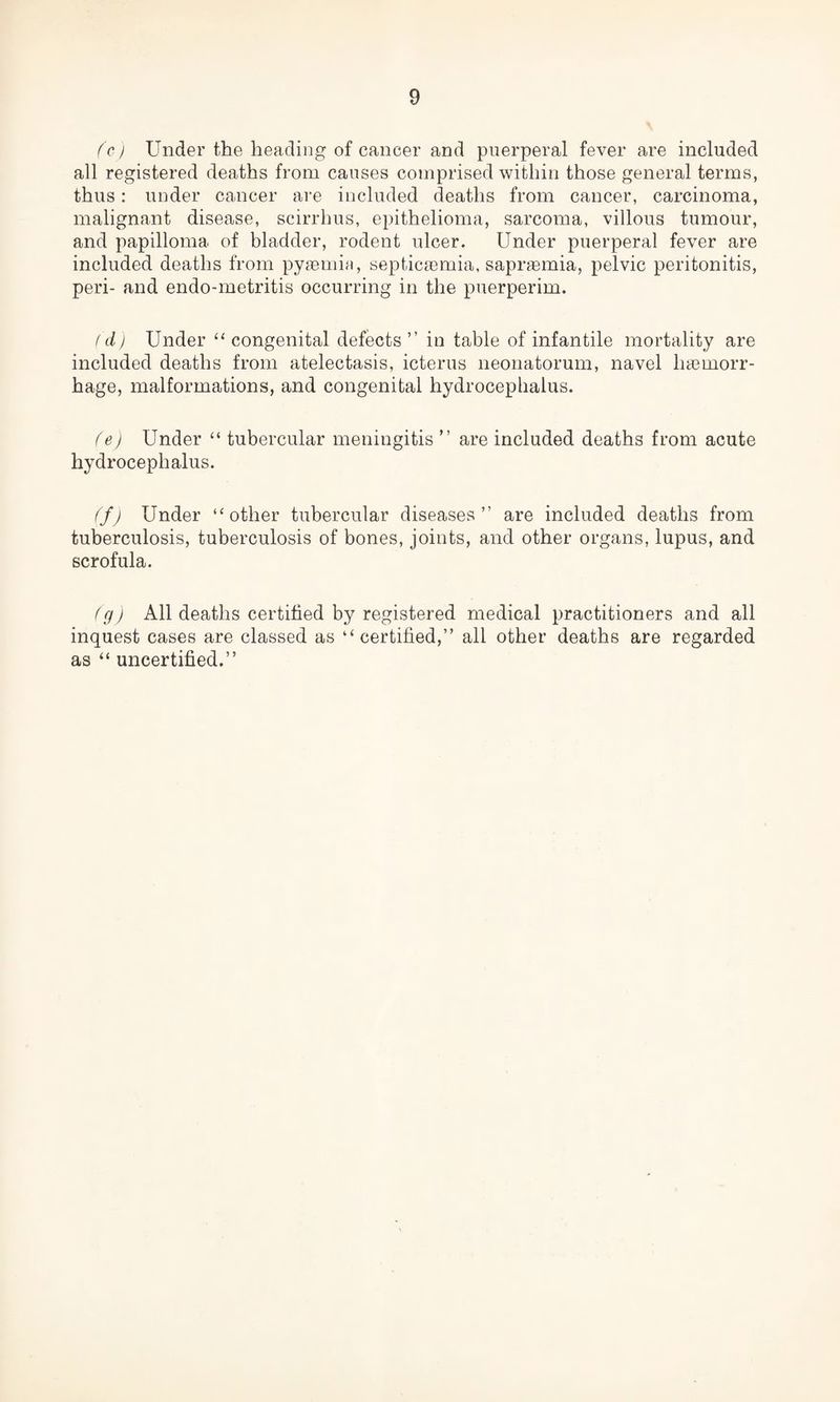 (c) Under the heading of cancer and puerperal fever are included all registered deaths from causes comprised within those general terms, thus: under cancer are included deaths from cancer, carcinoma, malignant disease, scirrlms, epithelioma, sarcoma, villous tumour, and papilloma of bladder, rodent ulcer. Under puerperal fever are included deaths from pyaemia, septicaemia, sapraemia, pelvic peritonitis, peri- and endo-metritis occurring in the puerperim. (d) Under “ congenital defects ” in table of infantile mortality are included deaths from atelectasis, icterus neonatorum, navel haemorr¬ hage, malformations, and congenital hydrocephalus. fe) Under “ tubercular meningitis ” are included deaths from acute hydrocephalus. (f) Under “other tubercular diseases” are included deaths from tuberculosis, tuberculosis of bones, joints, and other organs, lupus, and scrofula. (g) All deaths certified by registered medical practitioners and all inquest cases are classed as “certified,” all other deaths are regarded as “ uncertified.”