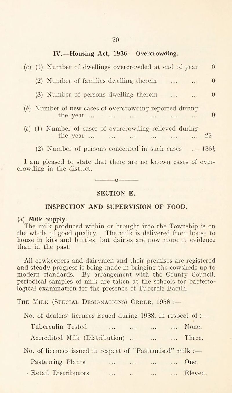 IV.—Housing Act, 1936. Overcrowding. (a) (1) Number of dwellings overcrowded at end of year 0 (2) Number of families dwelling therein ... ... 0 (3) Number of persons dwelling therein ... ... 0 (b) Number of new cases of overcrowding reported during the year ... ... ... ... ... ... 0 (c) (1) Number of cases of overcrowding relieved during the year ... ... ... ... ... ... 22 (2) Number of persons concerned in such cases ... 136J I am pleased to state that there are no known cases of over¬ crowding in the district. -o- SECTION E. INSPECTION AND SUPERVISION OF FOOD. (a) Milk Supply. The milk produced within or brought into the Township is on the whole of good quality. The milk is delivered from house to house in kits and bottles, but dairies are now more in evidence than in the past. All cowkeepers and dairymen and their premises are registered and steady progress is being made in bringing the cowsheds up to modern standards. By arrangement with the County Council, periodical samples of milk are taken at the schools for bacterio¬ logical examination for the presence of Tubercle Bacilli. The Milk (Special Designations) Order, 1936 :— No. of dealers’ licences issued during 1938, in respect of :— Tuberculin Tested ... ... ... ... None. Accredited Milk (Distribution) ... ... ... Three. No. of licences issued in respect of Pasteurised” milk :— Pasteuring Plants ... ... ... ... One. • Retail Distributors ... ... ... ... Eleven.