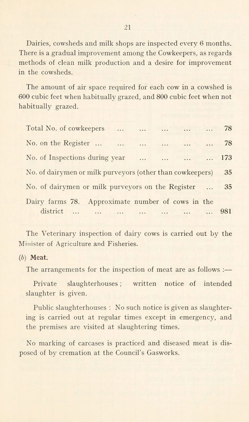 Dairies, cowsheds and milk shops are inspected every 6 months. There is a gradual improvement among the Cowkeepers, as regards methods of clean milk production and a desire for improvement in the cowsheds. The amount of air space required for each cow in a cowshed is 600 cubic feet when habitually grazed, and 800 cubic feet when not habitually grazed. Total No. of cowkeepers No. on the Register ... No. of Inspections during year No. of dairymen or milk purveyors (other than cowkeepers) No. of dairymen or milk purveyors on the Register Dairy farms 78. Approximate number of cows in the district ... ... ... ... ... ... ... 78 78 173 35 35 981 The Veterinary inspection of dairy cows is carried out by the Minister of Agriculture and Fisheries. (b) Meat. The arrangements for the inspection of meat are as follows Private slaughterhouses ; written notice of intended slaughter is given. Public slaughterhouses : No such notice is given as slaughter¬ ing is carried out at regular times except in emergency, and the premises are visited at slaughtering times. No marking of carcases is practiced and diseased meat is dis¬ posed of by cremation at the Council's Gasworks.