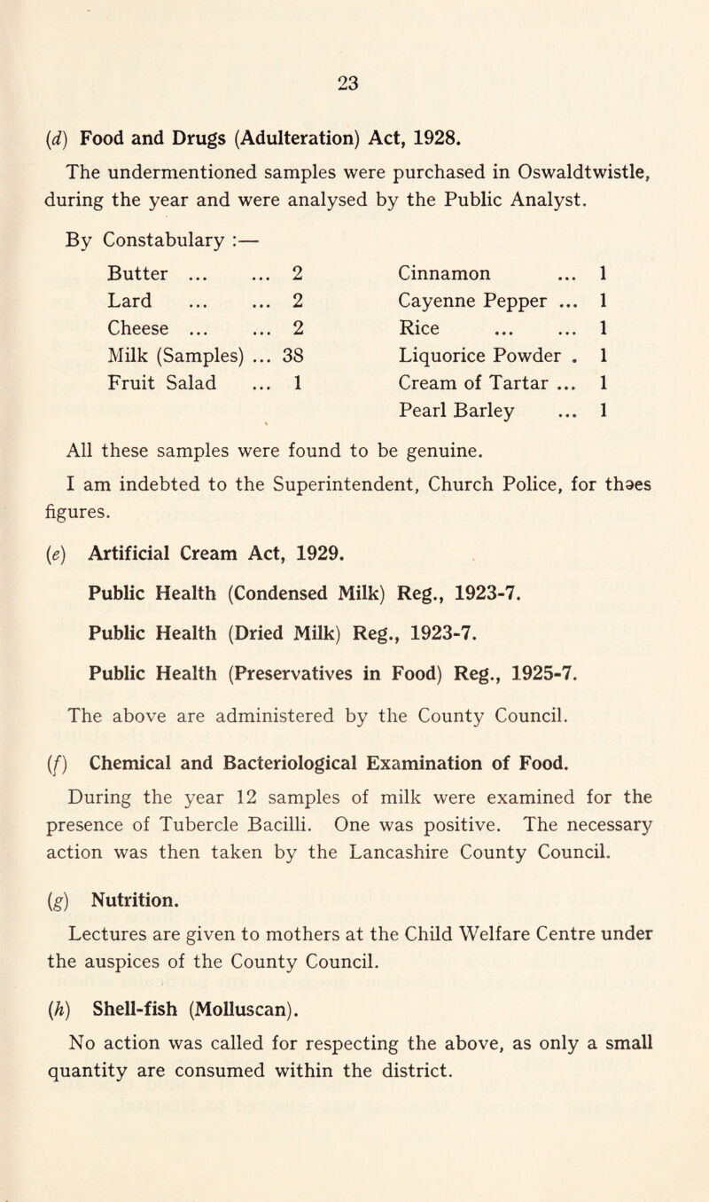 (d) Food and Drugs (Adulteration) Act, 1928. The undermentioned samples were purchased in Oswaldtwistle, during the year and were analysed by the Public Analyst. By Constabulary :— Butter ... ... 2 Lard ... ... 2 Cheese ... ... 2 Milk (Samples) ... 38 Fruit Salad ... 1 Cinnamon ... 1 Cayenne Pepper ... 1 Rice ... ... 1 Liquorice Powder . 1 Cream of Tartar ... 1 Pearl Barley ... 1 All these samples were found to be genuine. I am indebted to the Superintendent, Church Police, for thaes figures. (e) Artificial Cream Act, 1929. Public Health (Condensed Milk) Reg., 1923-7. Public Health (Dried Milk) Reg., 1923-7. Public Health (Preservatives in Food) Reg., 1925-7. The above are administered by the County Council. (f) Chemical and Bacteriological Examination of Food. During the year 12 samples of milk were examined for the presence of Tubercle Bacilli. One was positive. The necessary action was then taken by the Lancashire County Council. (g) Nutrition. Lectures are given to mothers at the Child Welfare Centre under the auspices of the County Council. (h) Shell-fish (Molluscan). No action was called for respecting the above, as only a small quantity are consumed within the district.