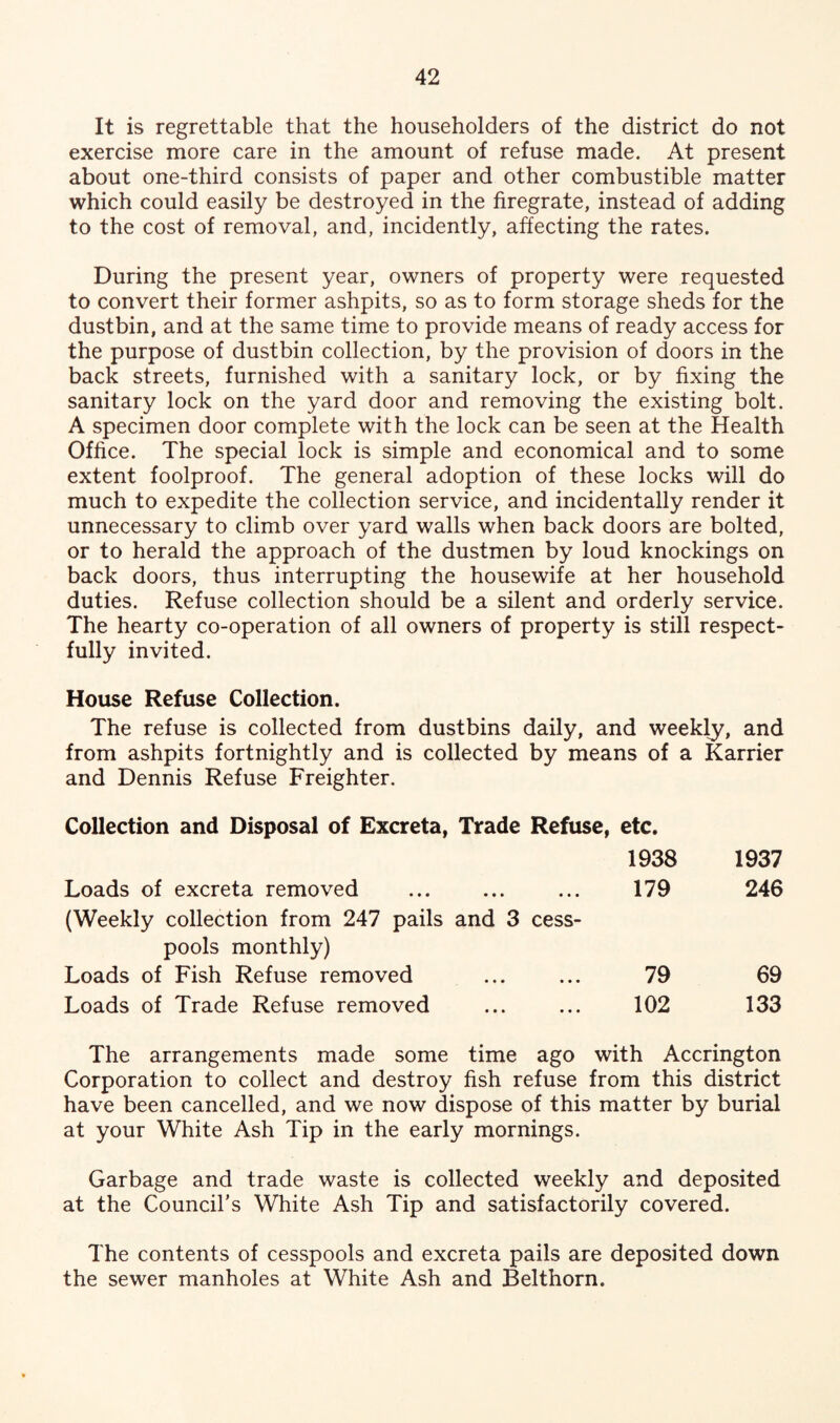 It is regrettable that the householders of the district do not exercise more care in the amount of refuse made. At present about one-third consists of paper and other combustible matter which could easily be destroyed in the firegrate, instead of adding to the cost of removal, and, incidently, affecting the rates. During the present year, owners of property were requested to convert their former ashpits, so as to form storage sheds for the dustbin, and at the same time to provide means of ready access for the purpose of dustbin collection, by the provision of doors in the back streets, furnished with a sanitary lock, or by fixing the sanitary lock on the yard door and removing the existing bolt. A specimen door complete with the lock can be seen at the Health Office. The special lock is simple and economical and to some extent foolproof. The general adoption of these locks will do much to expedite the collection service, and incidentally render it unnecessary to climb over yard walls when back doors are bolted, or to herald the approach of the dustmen by loud knockings on back doors, thus interrupting the housewife at her household duties. Refuse collection should be a silent and orderly service. The hearty co-operation of all owners of property is still respect¬ fully invited. House Refuse Collection. The refuse is collected from dustbins daily, and weekly, and from ashpits fortnightly and is collected by means of a Karrier and Dennis Refuse Freighter. Collection and Disposal of Excreta, Trade Refuse, etc. 1938 1937 Loads of excreta removed (Weekly collection from 247 pails and 3 cess¬ 179 246 pools monthly) Loads of Fish Refuse removed 79 69 Loads of Trade Refuse removed 102 133 The arrangements made some time ago with Accrington Corporation to collect and destroy fish refuse from this district have been cancelled, and we now dispose of this matter by burial at your White Ash Tip in the early mornings. Garbage and trade waste is collected weekly and deposited at the Council’s White Ash Tip and satisfactorily covered. The contents of cesspools and excreta pails are deposited down the sewer manholes at White Ash and Belthorn.