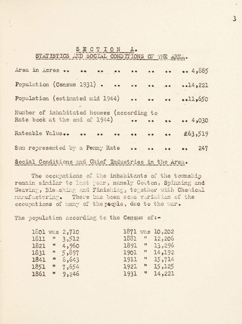 S E _C I ION A. STATISTICS AND SOCIAL CONDITIONS OF THE ARE Area in Acres 4 ,885 Population (Census 1931) • •• •• • * ** • *14,221 Population (estimated mid 1944) »• .. *, **11,650 Number of inhabitated houses (according to Rate book at the end of 1944) «• •• «» *• 4,030 Rateable Value** •• •• . £63,519 Sum represented by a Penny Rate •• »• »« #« 247 Social Conditi ons and jChief jiidiist r ies in tjie Area * The 0 c cupations of remain similar to last Weaving, Bleaching and nanufacturinr* The re the inhabitants of the toimship year, namely Cotton, Spinning and Finishing, tc has been some gather rriih Chemical variation cf the occupat ions of marr.r of the people, due to the mar• O Urn ± * 'The population according tc the Census of:- 1801 mas 2,710 1811 n 3,512 1821 tt 4,960 1831 tt 5,897 1841 TT 6,643 1851 n 7,6 54 1861 1? 9,246 1871 mas 10,202 1881 11 12,206 1891 ii 13,296 1901 tt 14,192 1911 Tt 15,714 1921 tt 15,125 1931 M 14,221