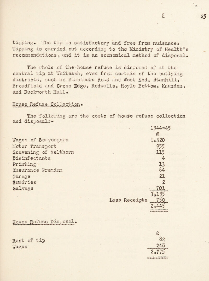tipping* The tip is satisfactory and free from nuisance* Tipping is carried out according to the Ministry of Health's recommendations* and it is an economical method of disposal* The Whole of the house refuse is disposed of at the central tip at Whiteash5 even from certain of the outlying districts5 such as Blackburn Hoad end West End* Stanhill* Broadfieid and Cross Edge* Redwalls* Hoyle Bottom* Knuzden* and Duckworth Hall* House Refuse ColJ-ection• The folleading are the costs of house refuse collection and disposal:* 1944-45 £ Wages of Scavengers Motor Transport Scavening of Belthorn Disinf e ct ants printing In s uran c e pr emiua Garage Sundries Salvage 1*320 955 115 4 13 64 21 2 701 3*195 Less Receipts 750 2*445 House Refuse Disposal* Rent of t ip Wages £ 8 248 o C 2,775