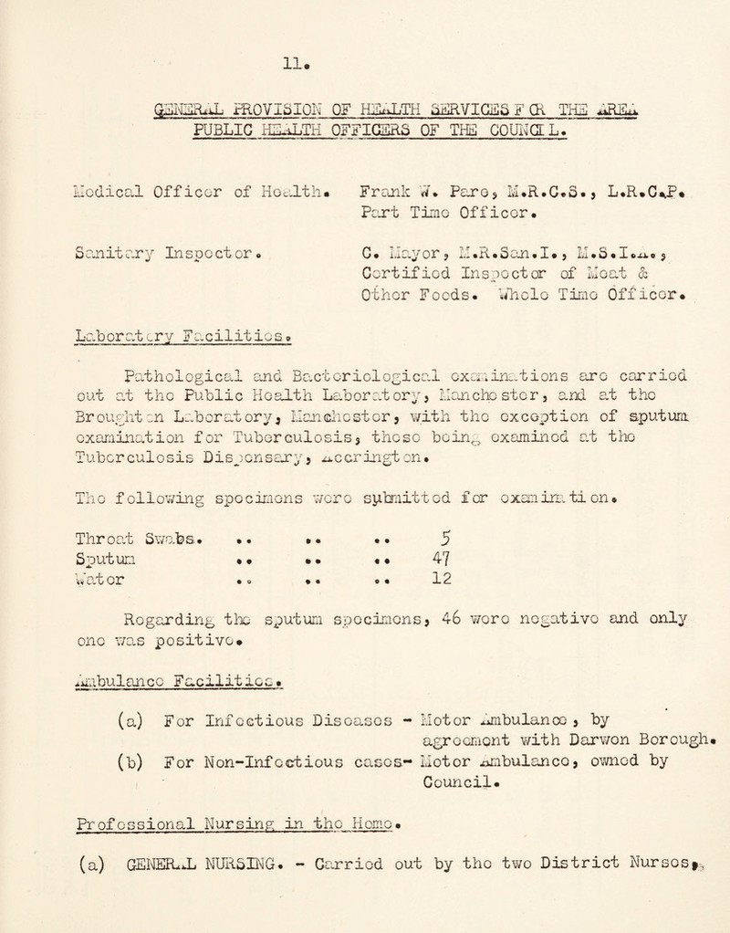 OENIMUL PROVISION OF HEALTH SERVICES F CR THE PUBLIC HLLLLTH OFFICERS OF THS COUNCIL. Medical Officer of Health* Frank W. Pare 5 M.R •C«q• 5 L.R*C%P* Part Time Officer. S eai it ar y In s o e ct or« C* Mayor ? a.ii.San.I* 5 M.S*I®xk-o * Certified Inspector of Meat & Other Foods. Whole Time Officer* Laborat cry Facilities. Pathologies-! and Bacteriological examinations are carried out at the Public Health Laboratory* Manchester3 and at the Broughtcn Laboratory* Manchester5 with the exception of sputum examination for Tuberculosis* these being examined at the Tuberculosis Dispensary} ^ccrington. The f ollowing specimens wer0 submit ted f or 0 xan ira tion« Throat Swabs. •• •« .. 5 Sputum * * .. «• 47 4*» w Out or .0 •• .* 12 Regarding the sputum specimens} 46 were negative and only one was positive* Mnbulanco Faciliticc. (a) For Infectious Diseases - Motor mnbulance * by agreement with Darwen Borough* (b) For Non-Infectious cases- Motor ambulance.} owned by Council* 1 Professional Nursing; in the Homo• (a) GENEILJL NURSING. - Carried out by the two District Nurses*,