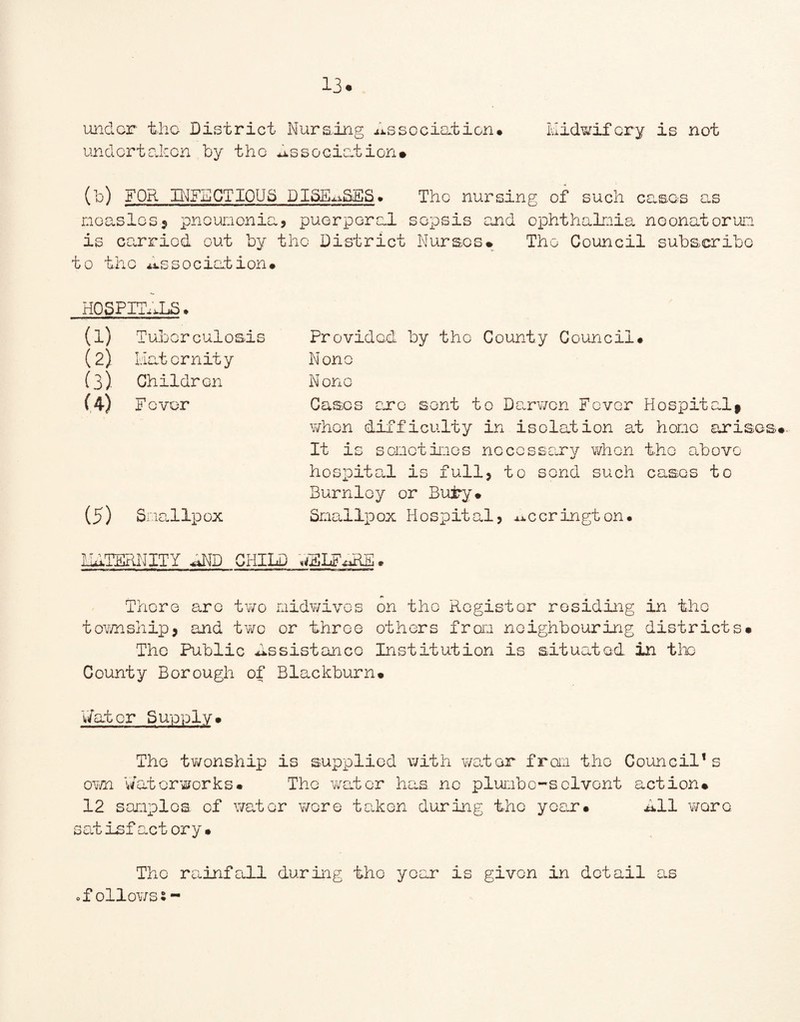 under the District Nursing Association* Midwifery is not undertaken by the association* (b) FOR INFECTIOUS DISEASES * The nursing of such cases as measles5 pneumonia, puerperal sepsis and ophthalmia neonatorum is carried out by the District Nurses* The Council subscribe to the association# HOSPITALS» (1) Tuberculosis (2) Maternity (3) Children (4) Fever (5) Smallpox Provided by the County Council# None None Cases are sent to Darwon Fever Hospital* when difficulty in isolation at homo arises# It is sometimes necessary when the above hospital is full, to send such cases to Burnley or Buiry# Smallpox Hospit al, j.jb ccrington# MATERNITY AND CHILD MSLEARS. There are two midwives on the Register residing in the township, and two or throe others from neighbouring districts# The Public Assistance Institution is situated in the County Borough of Blackburn# Y/atcr Supply# The twonship is supplied with water from the Council’s own waterworks# The water has no plumbo-solvent action# 12 samples of water were t auk on during the year# All were satisfactory# The rainfall during the year is given in detail as .follows:-