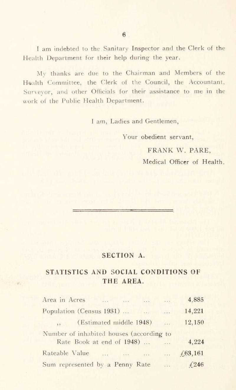 I am indebted to the Sanitary Inspector and the Clerk of the Health Department for their help during- the year. My thanks are due to the Chairman and Members of the Health Committee, the Clerk of the Council, the Accountant, Surveyor, and other Officials for their assistance to me in the work of the Public Health Department. I am, Ladies and Gentlemen Your obedient servant FRANK W. PARE, Medical Officer of Health. SECTION A. STATISTICS AND SOCIAL CONDITIONS OF THE AREA. Area in Acres Population (Census 1931) ... 4,885 14,221 (Estimated middle 1948) 12,150 Number of inhabited houses (according to Rate Book at end of 1948) ... Rateable Value Sum represented bv a Penny Rate