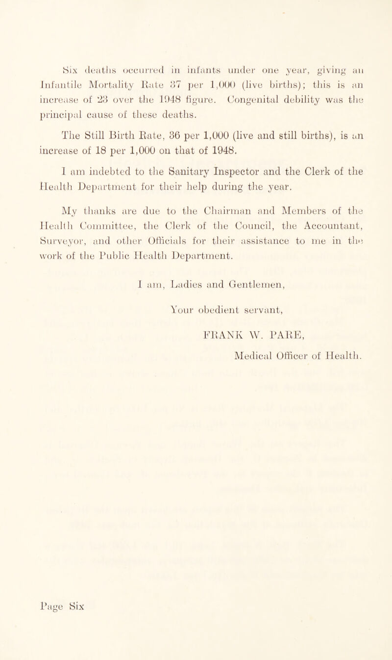 Six deaths occurred in infants under one year, giving an Infantile Mortality Kate 37 per 1,000 (live births); this is an increase of 23 over the 1948 figure. Congenital debility was the principal cause of these deaths. The Still Birth Kate, 36 per 1,000 (live and still births), is an increase of 18 per 1,000 on that of 1948. I am indebted to the Sanitary Inspector and the Clerk of the Health Department for their help during the year. My thanks are due to the Chairman and Members of the Health Committee, the Clerk of the Council, the Accountant, Surveyor, and other Officials for their assistance to me in the, work of the Public Health Department. I am, Ladies and Gentlemen, Your obedient servant, FKANK W. PARE, Medical Officer of Health.