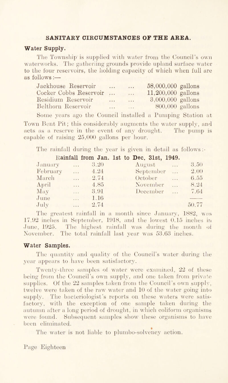 SANITARY CIRCUMSTANCES OF THE AREA. Water Supply. The Township is supplied with water from the Council’s own waterworks. The gatheriing grounds provide upland surface water to the four reservoirs, the holding capacity of which when full are as follows:— Jackhouse Reservoir Cocker Cobbs Reservoir Residium Reservoir Belthorn Reservoir 58,000,000 gallons 11,200,000 gallons 3,000,000 gallons 800,000 gallons Some years ago the Council installed a Pumping Station at Town Bent Pit; this considerably augments the water supply, and acts as a reserve in the event of any drought. The pump is capable of raising 25,000 gallons per hour. The rainfall during the year Rainfall from Jan. Is January ... 3.20 February ... 4.24 March ... 2.74 April ... 4.85 May ... 3.91 June ... 1.16 July ... 2.74 «y The greatest rainfall in 17.92 inches in September, ' June, 1925. The highest i November. The total rainfa is given in detail as follows ; to Dec. 31st, 1949. August 3.50 September 2.00 October 6.55 November 8.24 December 7.64 50.77 a month since January, 1882, was 1918, and the lowest 0.15 inches in /ainfall was during the month of 11 last year was 53.63 inches. Water Samples. The quantity and quality of the Council’s water during the year appears to have been satisfactory. Twenty-three samples of water were examined, 22 of these being from the Council’s own supply, and one taken from private supplies. Of the 22 samples taken from the Council’s own supply, twelve were taken of the raw water and 10 of the water going into supply. The bacteriologist’s reports on these waters were satis¬ factory, with the exception of one sample taken during the autumn after a long period of drought, in which coliform organisms were found. Subsequent samples show these organisms to have been eliminated. The water is not liable to plumbo-solvency action.