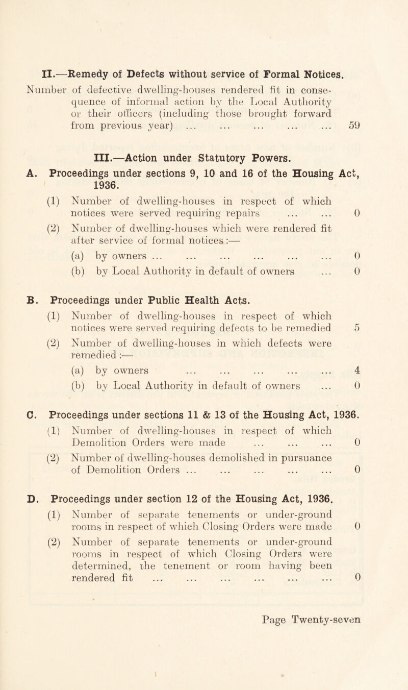 II.—Remedy of Defects without service of Formal Notices. Number of defective dwelling-houses rendered fit in conse¬ quence of informal action by the Local Authority or their officers (including those brought forward from previous year) ... ... ... ... ... 59 III.—Action under Statutory Powers. A. Proceedings under sections 9, 10 and 16 of the Housing Act, 1936. (1) Number of dwelling-houses in respect of which notices were served requiring repairs ... ... 0 (‘2) Number of dwelling-houses which were rendered fit after service of formal notices :— (a) by owners ... ... ... ... ... ... 0 (b) by Local Authority in default of owners ... 0 B. Proceedings under Public Health Acts. (1) Number of dwelling-houses in respect of which notices were served requiring defects to be remedied 5 (2) Number of dwelling-houses in which defects were remedied:— (a) by owners ... ... ... ... ... 4 (b) by Local Authority in default of owners ... 0 C. Proceedings under sections 11 & 13 of the Housing Act, 1936, (1) Number of dwelling-houses in respect of which Demolition Orders were made ... ... ... 0 (2) Number of dwelling-houses demolished in pursuance of Demolition Orders ... ... ... ... ... 0 D. Proceedings under section 12 of the Housing Act, 1936. (1) Number of separate tenements or under-ground rooms in respect of which Closing Orders were made 0 (2) Number of separate tenements or under-ground rooms in respect of which Closing Orders were determined, the tenement or room having been rendered fit ... ... ... ... ... ... 0