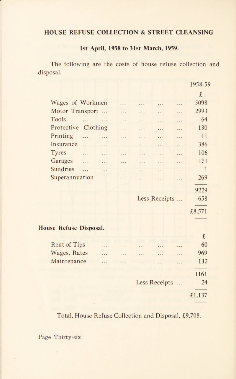 HOUSE REFUSE COLLECTION & STREET CLEANSING 1st April, 1958 to 31st March, 1959. The following are the costs of house refuse collection and disposal. 1938-59 £ Wages of Workmen ... ... ... ... 5098 Motor Transport ... ... ... ... ... 2993 Tools . 64 Protective Clothing ... ... ... ... 130 Printing ... ... ... ... ... ... 11 Insurance ... ... ... ... ... ... 386 Tyres . 106 Garages . 171 Sundries ... ... ... ... ... ... 1 Superannuation ... ... ... ... ... 269 9229 Less Receipts ... 658 £8,571 House Refuse Disposal. £ Rent of Tips ... ... ... ... ... 60 Wages, Rates ... ... ... ... ... 969 Maintenance . . 132 1161 Less Receipts ... 24 £1,137 Total, House Refuse Collection and Disposal, £9,708.