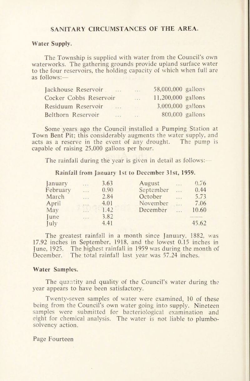 SANITARY CIRCUMSTANCES OF THE AREA, Water Supply. The Township is supplied with water from the Council’s own waterworks. The gathering grounds provide upland surface water to the four reservoirs, the holding as follows:— Jackhouse Reservoir Cocker Cobbs Reservoir Residuum Reservoir Belthorn Reservoir capacity of which when full are 58,000,000 gallons 11,200,000 gallons 3,000,000 gallons 800,000 gallons Some years ago the Council installed a Pumping Station at Town Bent Pit; this considerably augments the water supply, and acts as a reserve in the event of any drought. The pump is capable of raising 25,000 gallons per hour. The rainfall during the year is given in detail as follows:- Rainfail from January 1st to December 31st, 1959. January 3.63 August 0.76 February 0.90 September 0.44 March 2.84 October 5.73 April 4.01 November 7.06 May 1.42 December 10.60 June 3.82 — July 4.41 45.62 The greatest rainfall in a month since January, 1882, was 17.92 inches in September, 1918, and the lowest 0.15 inches in June, 1925. The highest rainfall in 1959 was during the month of December. The total rainfall last year was 57.24 inches. Water Samples. The quantity and quality of the Council’s water during the year appears to have been satisfactory. Twenty-seven samples of water were examined, 10 of these being from the Council’s own water going into supply. Nineteen samples were submitted for bacteriological examination and eight for chemical analysis. The water is not liable to plumbo- solvency action.