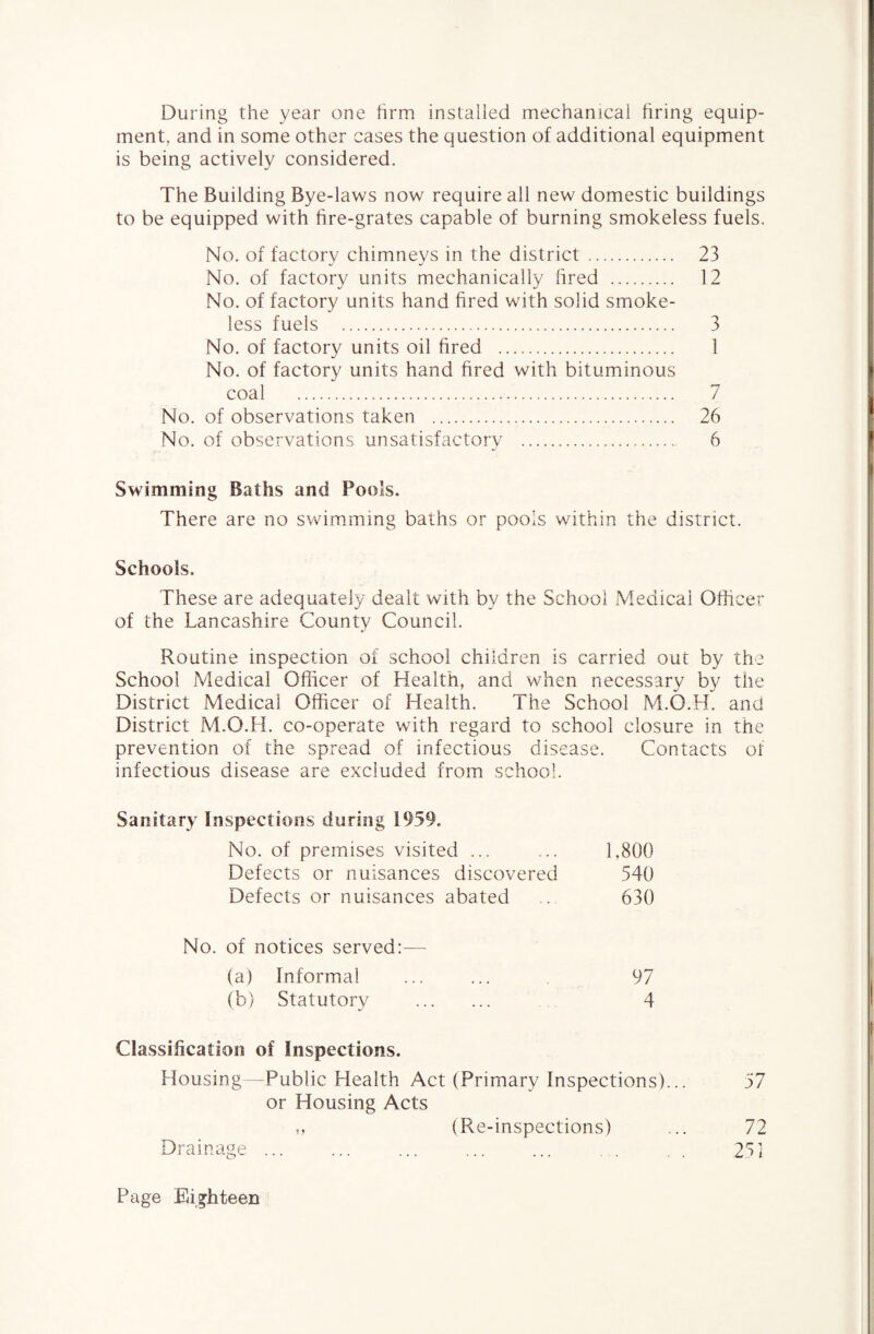 During the year one firm installed mechanical bring equip¬ ment, and in some other cases the question of additional equipment is being actively considered. The Building Bye-laws now require all new domestic buildings to be equipped with fire-grates capable of burning smokeless fuels. No. of factory chimneys in the district . 23 No. of factory units mechanically fired . 12 No. of factory units hand fired with solid smoke¬ less fuels . 3 No. of factory units oil fired . 1 No. of factory units hand fired with bituminous coal . 7 No. of observations taken . 26 No. of observations unsatisfactory . 6 Swimming Baths and Pools. There are no swimming baths or pools within the district. Schools. These are adequately dealt with by the School Medical Officer of the Lancashire County Council. Routine inspection of school children is carried out by the School Medical Officer of Health, and when necessary by the District Medical Officer of Health. The School M.O.H. and District M.O.H. co-operate with regard to school closure in the prevention of the spread of infectious disease. Contacts of infectious disease are excluded from school. Sanitary Inspections during 1959. No. of premises visited ... ... 1,800 Defects or nuisances discovered 540 Defects or nuisances abated ... 630 No. of notices served:— (a) Informal ... ... 97 (b) Statutory . 4 Classification of Inspections. Housing—Public Health Act (Primary Inspections)... 57 or Housing Acts „ (Re-inspections) ... 72 Drainage. 25]