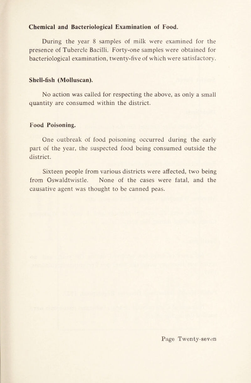 Chemical and Bacteriological Examination of Food. During the year 8 samples of milk were examined for the presence of Tubercle Bacilli. Forty-one samples were obtained for bacteriological examination, twenty-five of which were satisfactory. Shell-fish (Molluscan). No action was called for respecting the above, as only a small quantity are consumed within the district. Food Poisoning. One outbreak of food poisoning occurred during the early part of the year, the suspected food being consumed outside the district. Sixteen people from various districts were affected, two being from Oswaldtwistle. None of the cases were fatal, and the causative agent was thought to be canned peas.