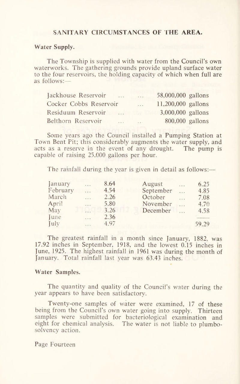SANITARY CIRCUMSTANCES OF THE AREA. Water Supply. The Township is supplied with water from the Council’s own waterworks. The gathering grounds provide upland surface water to the four reservoirs, the holding capacity of which when full are as follows:— Jackhouse Reservoir Cocker Cobbs Reservoir Residuum Reservoir Belthorn Reservoir 58,000,000 gallons 11,200,000 gallons 3,000,000 gallons 800,000 gallons Some years ago the Council installed a Pumping Station at Town Bent Pit; this considerably augments the water supply, and acts as a reserve in the event of any drought. The pump is capable of raising 25,000 gallons per hour. The rainfall during the year is given in detail as follows:— January 8.64 August 6.25 February 4.54 September 4.85 March 2.26 October 7.08 April 5.80 November 4.70 May 3.26 December 4.58 June 2.36 July 4.97 59.29 The greatest rainfall in a month since January, 1882. was 17.92 inches in September, 1918, and the lowest 0.15 inches in June, 1925. The highest rainfall in 1961 was during the month of January. Total rainfall last year was 63.43 inches. Water Samples. The quantity and quality of the Council’s water during the year appears to have been satisfactory. Twenty-one samples of water were examined, 17 of these being from the Council’s own water going into supply. Thirteen samples were submitted for bacteriological examination and eight for chemical analysis. The water is not liable to plumbo- solvency action.