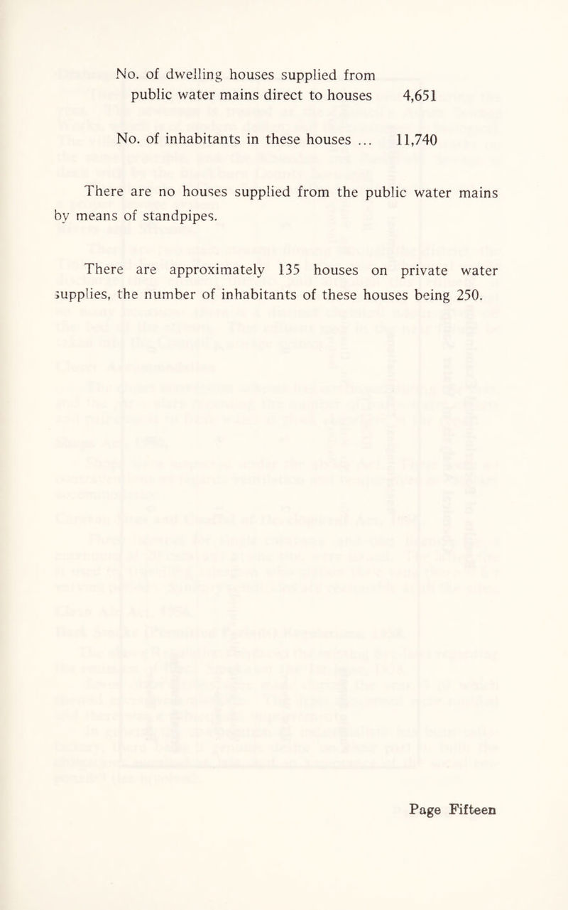 No. of dwelling houses supplied from public water mains direct to houses 4,651 No. of inhabitants in these houses ... 11,740 There are no houses supplied from the public water mains by means of standpipes. There are approximately 135 houses on private water supplies, the number of inhabitants of these houses being 250.