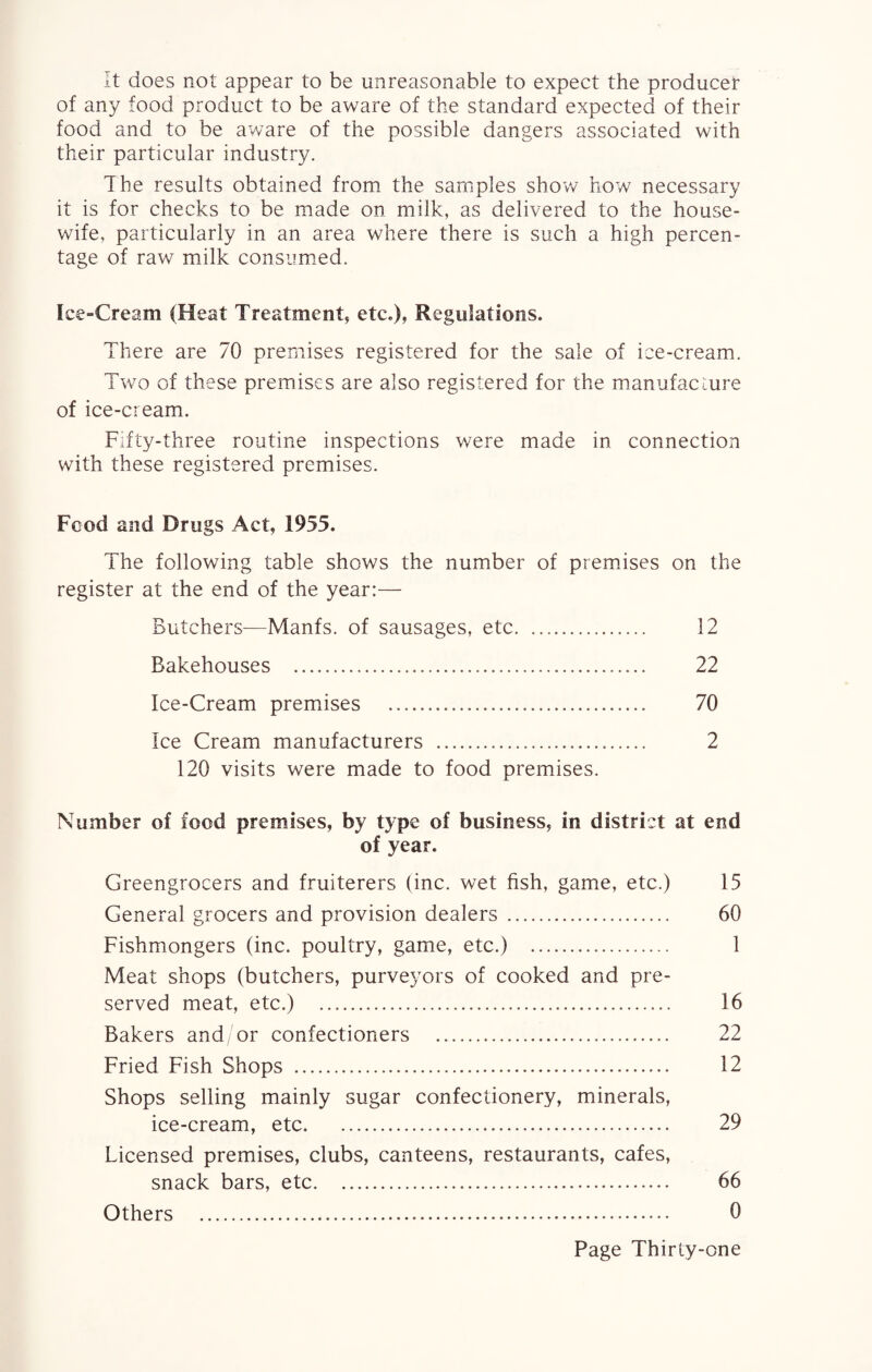It does not appear to be unreasonable to expect the producer of any food product to be aware of the standard expected of their food and to be aware of the possible dangers associated with their particular industry. The results obtained from the samples show how necessary it is for checks to be made on milk, as delivered to the house¬ wife, particularly in an area where there is such a high percen¬ tage of raw milk consumed. Ice-Cream (Heat Treatment, etc.), Regulations. There are 70 premises registered for the sale of ice-cream. Two of these premises are also registered for the manufacture of ice-cream. Fifty-three routine inspections were made in connection with these registered premises. Food and Drugs Act, 1955. The following table shows the number of premises on the register at the end of the year:— Butchers-—Manfs. of sausages, etc. 12 Bakehouses . 22 Ice-Cream premises . 70 Ice Cream manufacturers . 2 120 visits were made to food premises. Number of food premises, by type of business, in district at end of year. Greengrocers and fruiterers (inc. wet fish, game, etc.) 15 General grocers and provision dealers . 60 Fishmongers (inc. poultry, game, etc.) . 1 Meat shops (butchers, purveyors of cooked and pre¬ served meat, etc.) . 16 Bakers and/or confectioners . 22 Fried Fish Shops . 12 Shops selling mainly sugar confectionery, minerals, ice-cream, etc. 29 Licensed premises, clubs, canteens, restaurants, cafes, snack bars, etc. 66 Others . 0