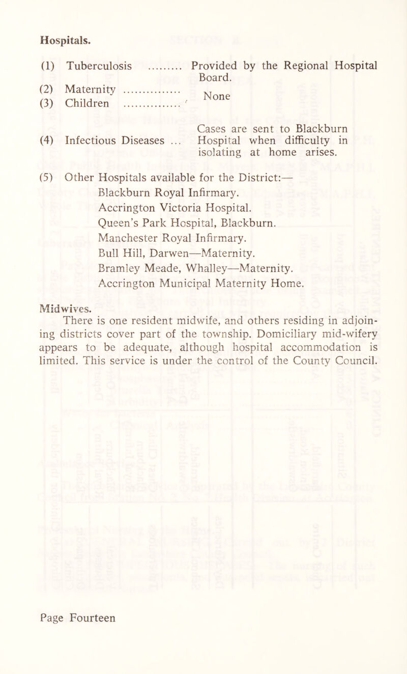 Hospitals. (1) Tuberculosis (2) Maternity ... (3) Children Provided by the Regional Hospital Board. None Cases are sent to Blackburn (4) Infectious Diseases ... Hospital when difficulty in isolating at home arises. (5) Other Hospitals available for the District:— Blackburn Royal Infirmary. Accrington Victoria Hospital. Queen’s Park Hospital, Blackburn. Manchester Royal Infirmary. Bull Hill, Darwen—Maternity. B ram ley Meade, Whalley—Maternity. Accrington Municipal Maternity Home. Midwives. There is one resident midwife, and others residing in adjoin¬ ing districts cover part of the township. Domiciliary mid-wiferv appears to be adequate, although hospital accommodation is limited. This service is under the control of the County Council.