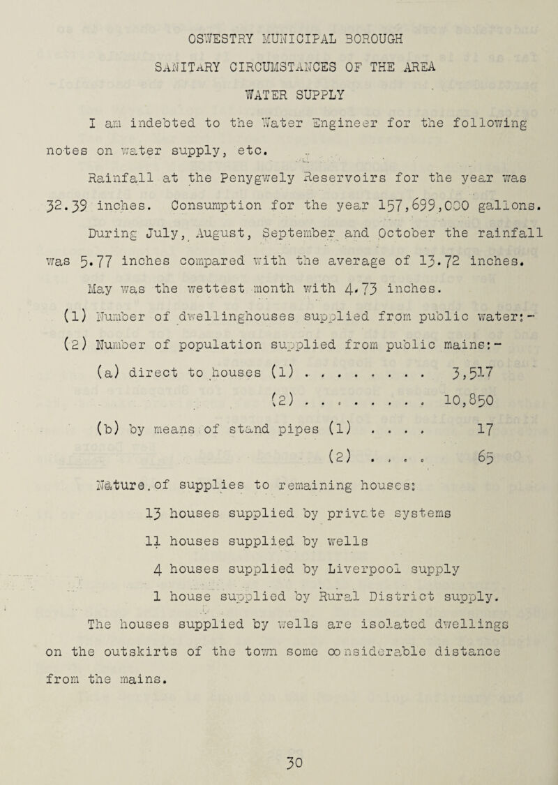 sauitary circumstances of the area WATER SUPPLY I am indebted to the Water Engineer for the following notes on waiter supply, etc. * 0. Rainfall at the Penygwely Reservoirs for the year v/as 32.39 inches. Consumption for the year 157?^99,000 gallons. During JulyAugust, September and October the rainfall v;as 5*77 inches compared with the average of 13*72 inches. May was the wettest month with 4*75 inches. (1) Number of dwellinghouses supplied from public water:- (2) Number of population supplied from public mains;- (a) direct to houses (l) . .. 3? 5^-^ (2) . . ..10,850 (b) by means of stand pipes (l) .... 17 ( 2 ) . , r c 65 Nature.of supplies to remaining houses: 13 houses supplied by private systems 11 houses supplied by wells 4 bouses supplied by Liverpool supply 1 house supplied by Rura.! District supply. The houses supplied by V7ells are isolated dwellings on the outskirts of the to77n some co nsidera.ble distance from the mains.
