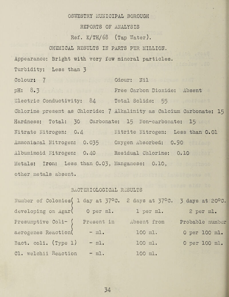 REPORTS OF AMLYSIS Ref. K/TH/68 (Tap Water). OHEMIOAL RESULTS IN PARTS PER MILLION. Appearance; Bright with very few mineral particles. Turbidity: Less than 3 Colour: 7 Odour: Nil pH: 8.3 Free Carbon Dioxide: Absent Electric Conductivity: 84 Total Solids: 55 Chlorine present as Chloride: 7 Alkalinity as Calcium Carbonate: I5 Hardness: Total: 30 Carbonate: I5 Non-carbonate: I5 Nitrate Nitrogen: 0.4 Nitrite Nitrogen: Less than 0.01 Ammoniacal Nitrogen: 0.035 Oxygen Absorbed: 0.90 Albumimoid Nitrogen: O.4O Residual Chlorine: 0.10 3 days at 20^0. 2 per ml. Probable numb or 0 per 100 ml. 0 per 100 ml. Metals: Iron: Less than 0.03? Manganese: 0.10, other metals absent. Bacteriological results Number of Colonies( 1 day at 37°0* 2 days at 37^G. developing on Agar( 0 per ml. 1 per ml. Presumptive Coli- ( Present in Absent from ( aerogenes Reaction( - ml. 100 ml. Bact. coli. (Type l) - ml. 100 ml. Cl. welchii Reaction - ml. 100 ml. 34 1