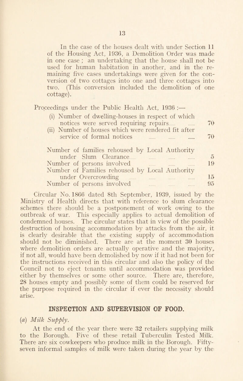 In the case of the houses dealt with under Section 11 of the Housing Act, 1336, a Demolition Order was made in one case ; an undertaking that the house shall not be used for human habitation in another, and in the re¬ maining five cases undertakings were given for the con¬ version of two cottages into one and three cottages into two. (This conversion included the demolition of one cottage). Proceedings under the Public Health Act, 1936 :—■ (i) Number of dwelling-houses in respect of which notices were served requiring repairs. . 70 (ii) Number of houses which were rendered fit after service of formal notices . . . 70 Number of families rehoused by Local Authority under Slum Clearance. . . . 5 Number of persons involved . . . 19 Number of Families rehoused by Local Authority under Overcrowding . . . . 15 Number of persons involved . . . 95 Circular No. 1866 dated 8th September, 1939, issued by the Ministry of Health directs that with reference to slum clearance schemes there should be a postponement of work owing to the outbreak of war. This especially applies to actual demolition of condemned houses. The circular states that in view of the possible destruction of housing accommodation by attacks from the air, it is clearly desirable that the existing supply of accommodation should not be diminished. There are at the moment 30 houses where demolition orders are actually operative and the majority, if not all, would have been demolished by now if it had not been for the instructions received in this circular and also the policy of the Council not to eject tenants until accommodation was provided either by themselves or some other source. There are, therefore, 28 houses empty and possibly some of them could be reserved for the purpose required in the circular if ever the necessity should arise. INSPECTION AND SUPERVISION OF FOOD. (a) Milk Supply. At the end of the year there were 32 retailers supplying milk to the Borough. Five of these retail Tuberculin Tested Milk. There are six cowkeepers who produce milk in the Borough. Fifty- seven informal samples of milk were taken during the year by the