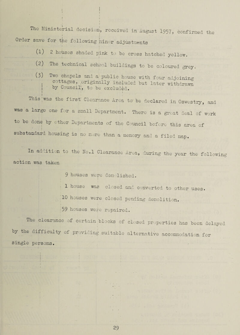 1 * 4 Tho Ministerial decision, received in August 1957, confirmed the Order save for the following iminor adjustments (1) 2 hohses shaded pink to he cross hatched yellow. (2) The technical school buildings to be coloured grey. (3) Two chapels and a public house with four adjoining cottages, originally included but later withdrawn by Council', to be excluded. 1 . i . This was the first Clearance Area to’be declared in Oswestry, and was a large one for a small Department. There is a groat deal of work to be done by other Departments of the Council before this area of substandard housing is no more than a memory and a filed map. In addition to the No.l Clearance Area, during the year the following action was taken 9 houses were demolished. 1 house was closed and converted to other uses. 10 houses were closed pending demolition. 59 houses were repaired. The clearance of certain blocks of closed properties has been delayed by the difficulty of providing suitable alternative accommodation for single persons.