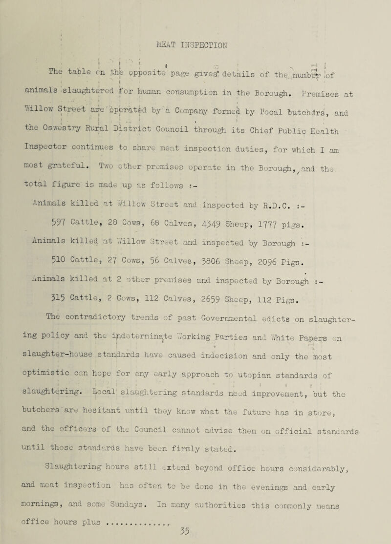 MEAT INSPECTION ! ! ! I 7} iH j The table cn the opposite page gives’ details of the. number !of animals slaughtered for human consumption in the Borough. Premises at .- • > Willow Street are Operated by'a Company formed by Bocal butchers', and the Oswestry Rural District Council through its Chief Public Health Inspector continues to share meat inspection duties, for which I am most grateful. Two other premises operate in the Borough,.and the total figure' is made up as follows s- Animals killed at Willow Street and.inspected by R.D.C. 597 Cattle, 28 Cows, 68 Calves, 4349 Sheep, 1777 pigs. Animals killed at ,i/illow Street and inspected by Borough s- 510 wattle, 27 Cows, 5t> Calves, 3806 Sheep, 2096 Pigs, minimals killed at 2 other premises and inspected by Borough s — 315 Cattle, 2 Cows, 112 Calves, 2659 Sheep, 112 Pigs, ihe contradictory trends of past Governmental edicts on slaughter- ing policy ana the indeterminate working Parties and vi/hite Papers on * slaughter-house standards have caused indecision and only the most optimistic can hope for any early approach to utopian standards of * * I f £ slaughtering. Local slaughtering standards need improvement, but the butchers are hesitant until they knov/ what the future has in store, and the officers of the Council cannot advise them on official standards until those standards have been firmly stated. Slaughtering hours still extend beyond office hours considerably, and moat inspection has often to be done in the evenings and early mornings, and some Sundays. In many authorities this commonly means office hours plus . ...