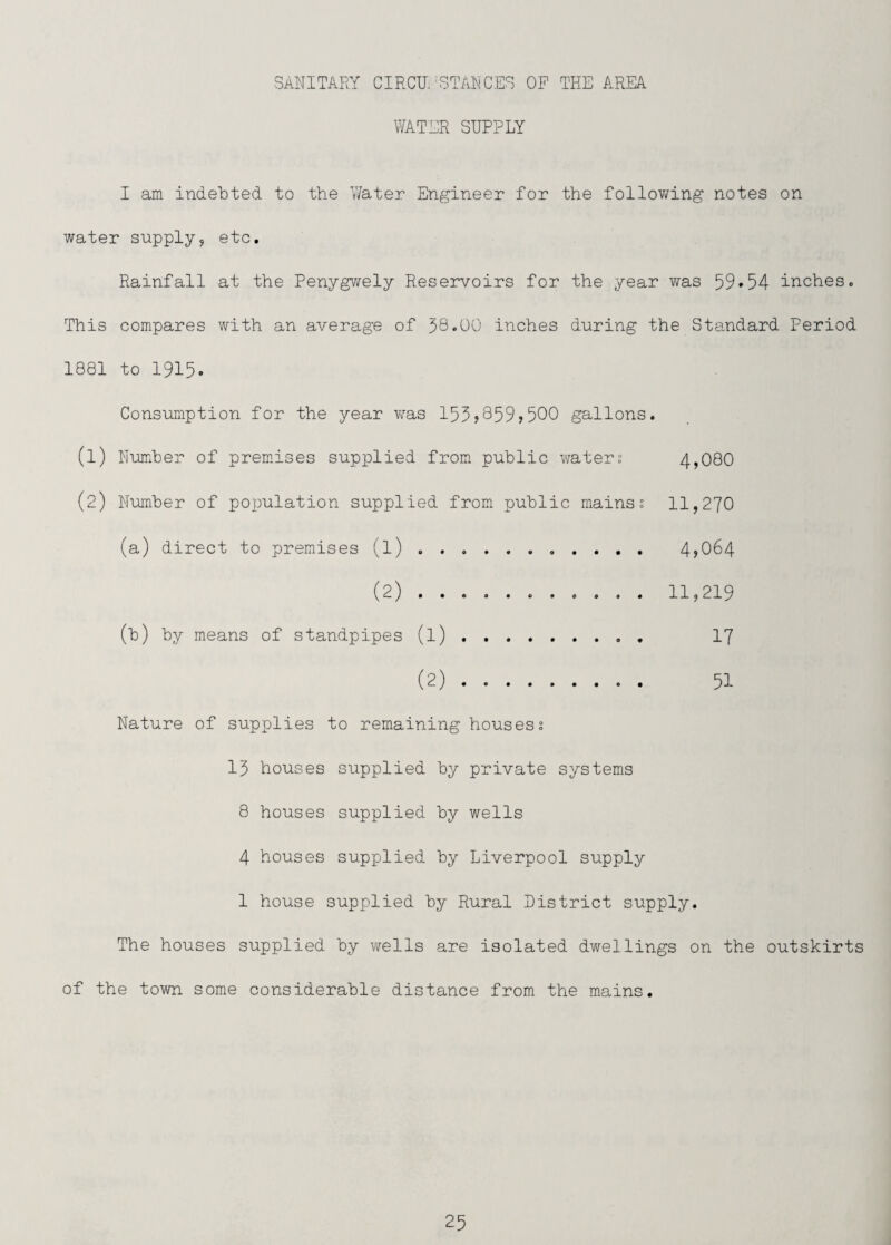 SANITARY CIRCU.^STiUMCES OF THE AREA V/ATER SUPPLY I am indeUted to the 'liVater Engineer for the follov/ing notes on water supply, etc. Rainfall at the Penygwely Reservoirs for the year was 59*54 inches. This compares with an average of 58*00 inches during the Standard Period 1881 to 1915. Consumption for the year was 155?859?500 gallons. (1) Humher of premises supplied from public waters 4,080 (2) Number of population supplied from public mainss 11,270 (a) direct to premises (l). 4?064 (2) . 11,219 (t) ty means of standpipes (l). 17 (2). 51 Nature of supplies to remaining housess 15 houses supplied by private systems 8 houses supplied by wells 4 houses supplied by Liverpool supply 1 house supplied by Rural District supply. The houses supplied by wells are isolated dwellings on the outskirts of the town some considerable distance from the mains.