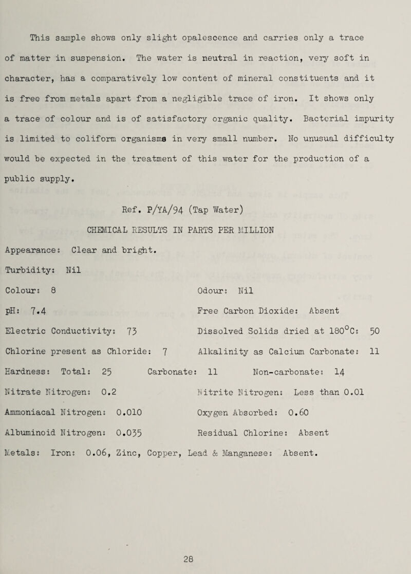This sample shows only slight opalescence and carries only a trace of matter in suspension. The water is neutral in reaction, very soft in character, has a comparatively low content of mineral constituents and it is free from metals apart from a negligible trace of iron. It shows only a trace of colour and is of satisfactory organic quality. Bacterial impurity is limited to coliform organisms in very small number. No unusual difficulty would be expected in the treatment of this water for the production of a public supply. Ref. P/YA/94 (Tap Water) CHMICAL RESULTS IN PARTS PER MILLION Appearance; Clear and bri^t, Turbidity; Nil Colour; 8 Odour; Nil pH; 7.4 Electric Conductivity; 73 Chlorine present as Chloride: 7 Free Carbon Dioxide; Absent Dissolved Solids dried at 180°C; 50 Alkalinity as Calcium Carbonate; 11 Hardness; Total; 25 Nitrate Nitrogen; 0.2 Ammoniacal Nitrogen; 0.010 Carbonate; 11 Non-carbonate; 14 Nitrite Nitrogen; Less than 0.01 Oxygen Absorbed; 0.60 Albuminoid Nitrogen; 0.035 Residual Chlorine; Absent Metals; Iron; 0.06, Zinc, Copper, Lead & Manganese; Absent.