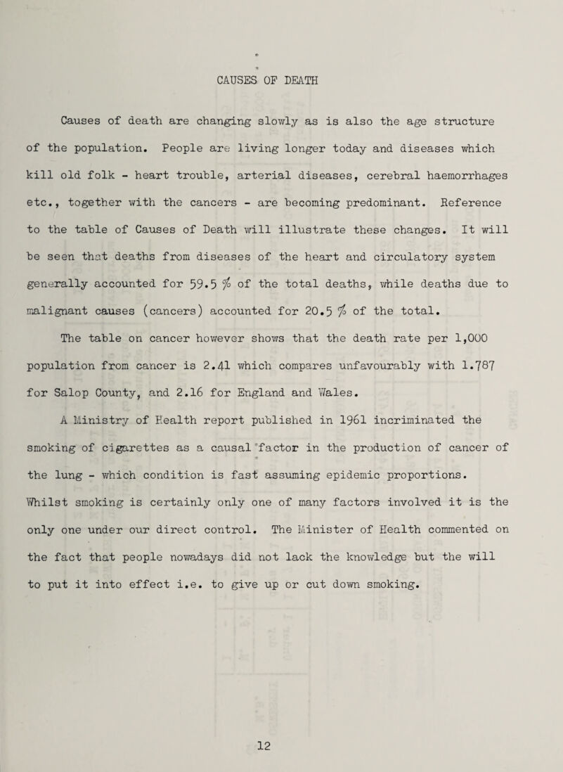 Causes of death are changing slowly as is also the age structure of the population. People are living longer today and diseases which kill old folk - heart trouble, arterial diseases, cerebral haemorrhages etc., together v\rith the cancers - are becoming predominant. Reference to the table of Causes of Death will illustrate these changes. It will be seen that deaths from diseases of the heart and circulatory system generally accounted for 59*5 i° of tbe total deaths, while deaths due to malignant causes (cancers) accounted for 20.5 ^ of the total. The table on cancer however shows that the death rate per 1,000 population from cancer is 2,41 which compares unfavourably with 1.787 for Salop County, and 2.16 for England and Wales, A Ministry of Health report published in I96I incriminated the smoking of cigarettes as a causal factor in the production of cancer of the lung - which condition is fast assuming epidemic proportions. V/hilst smoking is certainly only one of many factors involved it is the only one under our direct control. The Minister of Health commented on the fact that people nowadays did not lack the knowledge but the will to put it into effect i.e, to give up or cut down smoking.