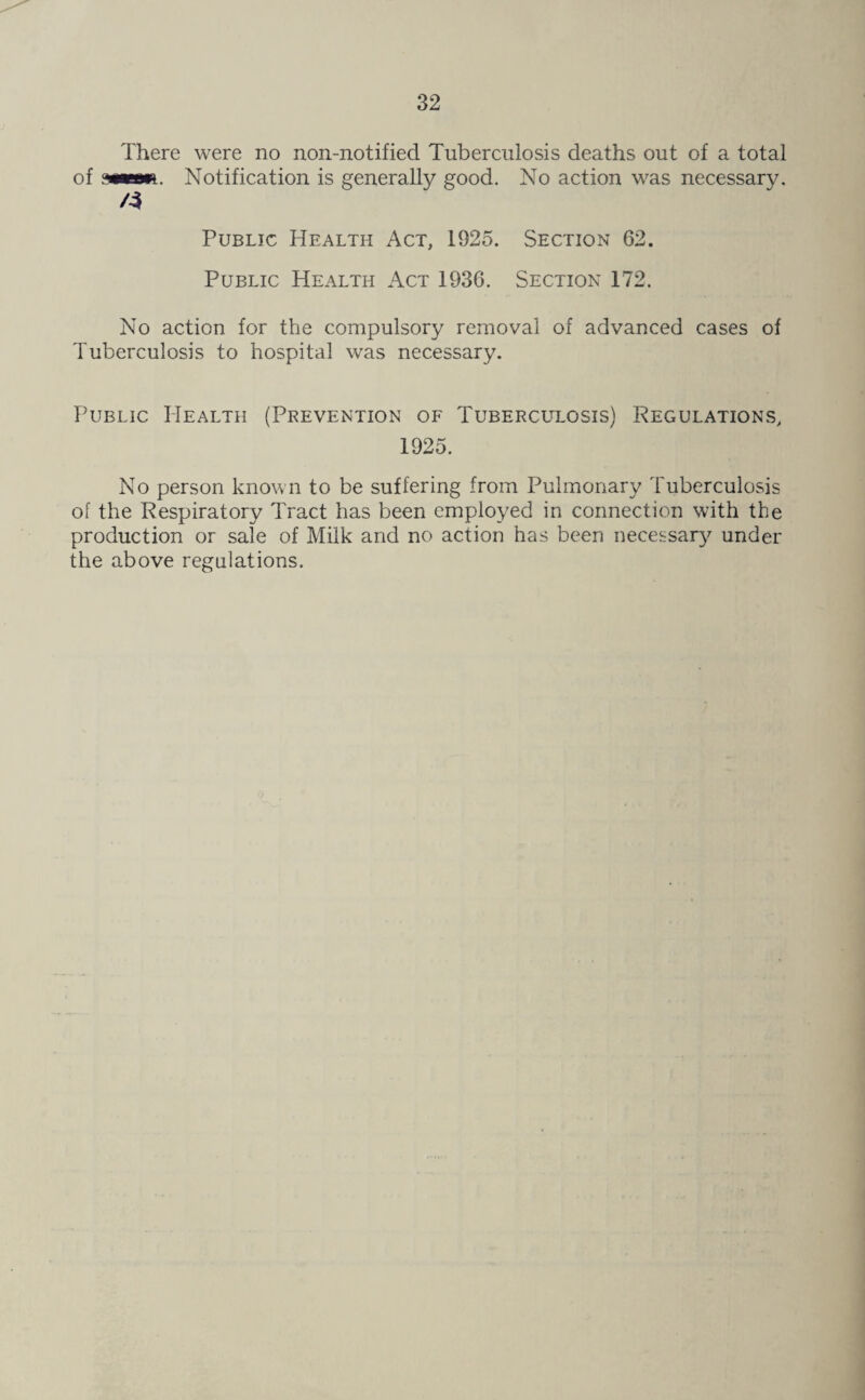 There were no non-notified Tuberculosis deaths out of a total of 3MPoia. Notification is generally good. No action was necessary. /4 Public Health Act, 1925. Section 62. Public Health Act 1936. Section 172. No action for the compulsory removal of advanced cases of Tuberculosis to hospital was necessary. Public Health (Prevention of Tuberculosis) Regulations, 1925. No person known to be suffering from Pulmonary Tuberculosis of the Respiratory Tract has been employed in connection with the production or sale of Milk and no action has been necessar^^ under the above regulations.