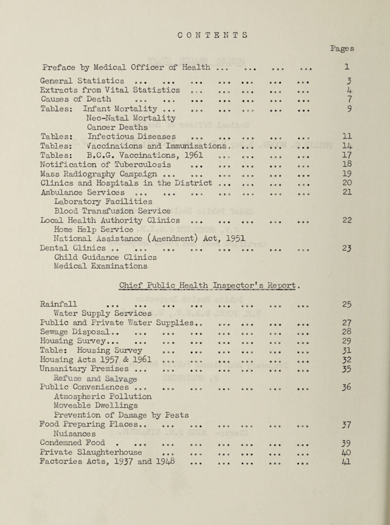 CONTENTS o o o o o © Pages 1 Preface by Medical Officer of Health ... General Statistics . o • . • « <>•« o o . •« Extracts from Vital Statistics ... ... Causes of Death . .. .. . ..« ... Tables: Infant Mortality ... ... ... Neo-Natal Mortality Cancer Deaths Tables: Infectious Diseases ... ... Tables: Vaccinations and Immunisations. Tables: B.C.G. Vaccinations, 1961 ... Notification of Tuberculosis ... ... Mass Ptadiography Campaign ... ... ... Clinics and Hospitals in the District ... Ambulance Services ... ... ... ... Laboratory Facilities Blood Transfusion Service Local Health Authority Clinics ... ... Home Help Service National Assistance (Amendment) Act, 1951 Dental Clinics 00 .00 0.0 .0. o.o .« Child Guidance Clinics Medical Examinations Chief Public^Health Inspector’s Rami all ... o.« . o . .. Water Supply Services Public and Private Water Supplies. Sewage Disposal.. ... ... Housing Survey... ... ... Table: Housing Survey ... Housing Acts 1957 & 1961 ... Unsanitary Premises ... ... Refuse and Salvage Public Conveniences ... ... At mo sphe ric Pollution Moveable Dwellings Prevention of Damage by Pests Pood Preparing Place s.. ... Nuisances Condemned Pood . ... ... Private Slaughterhouse ... Factories Acts, 1937 and 1948 © o • © o © 000 00© 000 000 000 000 © o • • © o • • O OOO OOO OOO O • © OOO OOO OOO OOO OOO OOO o o • o o o o # o OOO • o • OOO O O O OOO OOO OOO OOO OOO o o • OOO OOO OOO • O o OOO OOO O # • OOO 000 o o o • 00 3 4 7 9 11 14 17 18 19 20 21 22 23 25 27 28 29 31 32 35 36 37 39 40 4L OOO OOO o © • OOO