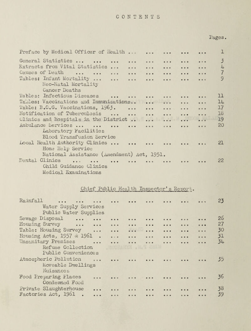 CONTENTS Pages Preface by Medical Officer of Health General Statistics ..... Extracts from Vital Statistics .0. ,,, Causes of Death o.. <,00 o.. Tables: Infant Mortality/ o.. Neo-Natal Mortality Cancer Deaths Tables: Infectious Diseases .. Table s: Vac cinations and Immunisation s». Table: EoCoGo Vaccinations, 19^3. Notification of Tuberculosis .«. ... Ulinics and hospitals in the District .. Ambulance Services ... ... ... ... Laboratory Pacilities Blood Transfusion Service Local Health Authority Clinics . Home Help Service National Assistance (iuiiendment) Act, 1951. Dental Clinics ... ... . Child Guidance Clinics Medical Examinations o c o e e o • • 1 5 4 7 9 11 14 17 lb 19 20 21 22 J^Hief Piiblic Health Inspector* s Reporb Pamfall ... ... ..« Water Supx^ly Services Public Ylater Supplies Sewage Disposal ... ... Housing Survey ... ... Table: Housing Survey ... Housing Acts, 1957 1^6l Unsanitary Premises ... Refuse Collection Public Conveniences Atmospheric Pollution ... Moveable Dwellings Nuisance s Pood Preparing Places ... Condemned Food Private Slaughterhouse Factories Act, I96I , ... e e 0 o • • 000 000 • e o o o • o e • o o • 0 9 0 23 26 27 30 31 34 35 36 38 39