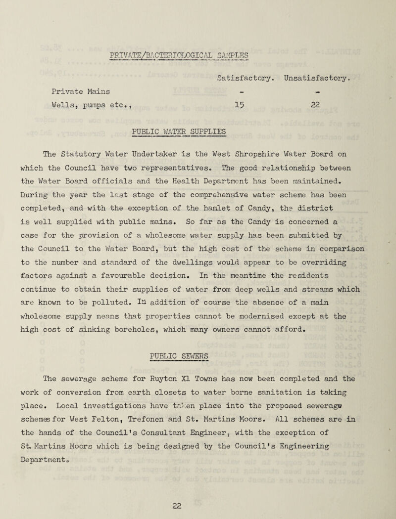 PRIVATE/BACTERIological samples Satisfactory. Unsatisfactory. Private Mains - - Wells, pumps etc*, 15 22 PUBLIC WATER SUPPLIES The Statutory Water Undertaker is the West Shropshire Water Board on which the Council have two representatives. The good relationship between the Water Board officials and the Health Department has been maintained,, During the year the last stage of the comprehensive water scheme has been completed, and with the exception of the hamlet of Candy, the district is well supplied with public mains. So far as the Candy is concerned a case for the provision of a wholesome water supply has been submitted by the Council to the V/ater Board, but the high cost of the scheme in comparison to the number and standard of the dwellings would appear to be overriding factors against a favourable decision. In the meantime the residents continue to obtain their supplies of water from deep wells and streams which are known to be polluted. In addition of course the absence of a main wholesome supply means that properties cannot be modernised except at the high cost of sinking boreholes, which many owners cannot afford. PUBLIC SEWERS tm i — The sewerage scheme for Ruyton XI Towns has now been completed and the work of conversion from earth closets to water borne sanitation is taking place. Local investigations have taken place into the proposed seweragw schemes for West Felton, Trefonen and St. Martins Moors. All schemes are in the hands of the Council’s Consultant Engineer, with the exception of St. Martins Moors which is being designed by the Council's Engineering Department0