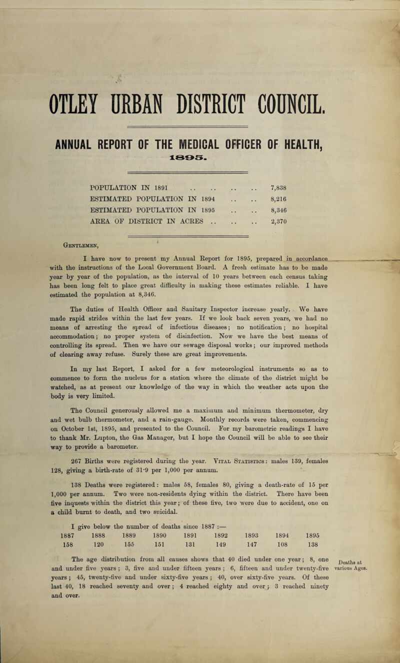 OTLEY URBAN DISTRICT COUNCIL. ANNUAL REPORT OF THE MEDICAL OFFICER OF HEALTH, 1893. POPULATION IN 1891 . 7,838 ESTIMATED POPULATION IN 1894 .. .. 8,216 ESTIMATED POPULATION IN 1895 .. .. 8,346 AREA OF DISTRICT IN ACRES. 2,370 Gentlemen, I have now to present my Annual Report for 1895, prepared in accordance with the instructions of the Local Government Board. A fresh estimate has to be made year by year of the population, as the interval of 10 years between each census taking has been long felt to place great difficulty in making these estimates reliable. I have estimated the population at 8,346. The duties of Health Officer and Sanitary Inspector increase yearly. We have made rapid strides within the last few years. If we look back seven years, we had no means of arresting the spread of infectious diseases; no notification; no hospital accommodation; no proper system of disinfection. Now we have the best means of controlling its spread. Then we have our sewage disposal works; our improved methods of clearing away refuse. Surely these are great improvements. In my last Report, I asked for a few meteorological instruments so as to commence to form the nucleus for a station where the climate of the district might be watched, as at present our knowledge of the way in which the weather acts upon the body is very limited. The Council generously allowed me a maximum and minimum thermometer, dry and wet bulb thermometer, and a rain-gauge. Monthly records were taken, commencing on October 1st, 1895, and presented to the Council. For my barometric readings I have to thank Mr. Lupton, the Gas Manager, but I hope the Council will be able to see their way to provide a barometer. 267 Births were registered during the year. Vital Statistics: males 139, females 128, giving a birth-rate of 31*9 per 1,000 per annum. 138 Deaths were registered : males 58, females 80, giving a death-rate of 15 per 1,000 per annum. Two were non-residents dying within the district. There have been five inquests within the district this year; of these live, two were due to accident, one on a child burnt to death, and two suicidal. 1887 1888 1889 1890 1891 1892 1893 1894 1895 158 120 155 151 131 149 147 108 138 The age distribution from all causes shows that 40 died under one year; 8, one jje itha at and under five years ; 3, five and under fifteen years ; 6, fifteen and under twenty-five various Ages, years ; 45, twenty-five and under sixty-five years ; 40, over sixty-five years. Of these last 40, 18 reached seventy and over; 4 reached eighty and over; 3 reached ninety and over. c