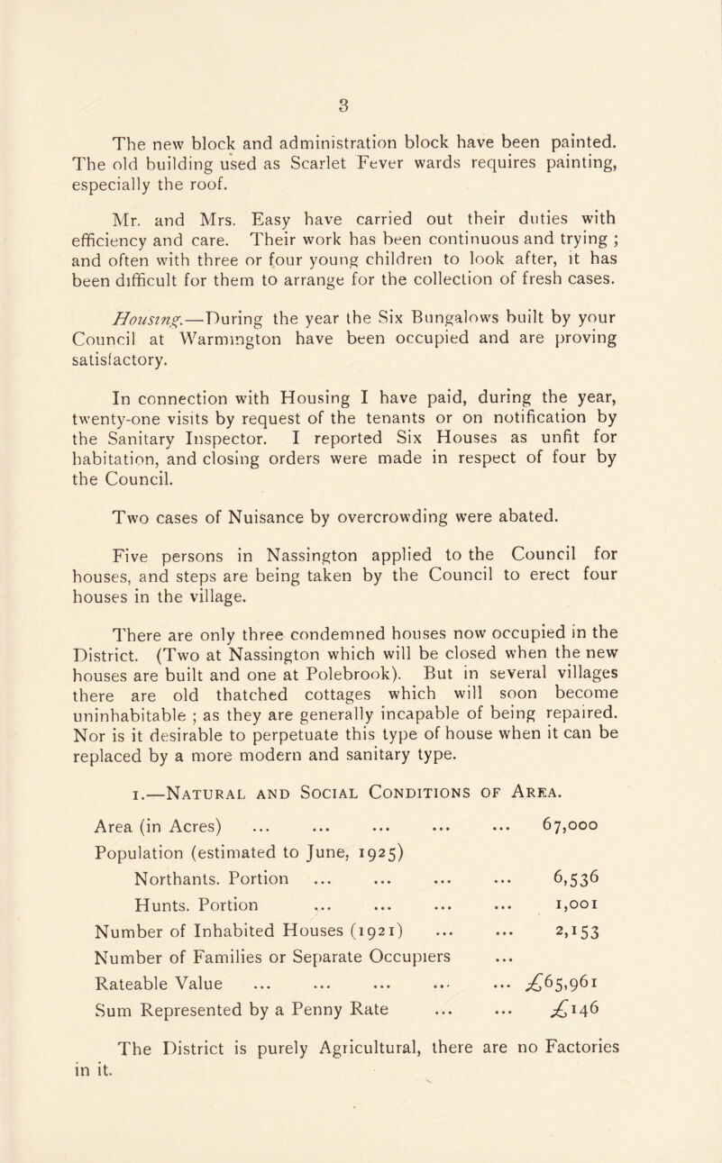 The new block and administration block have been painted. The old building used as Scarlet Fever wards requires painting, especially the roof. Mr. and Mrs. Easy have carried out their duties with efficiency and care. Their work has been continuous and trying ; and often with three or four young children to look after, it has been difficult for them to arrange for the collection of fresh cases. Housing.—During the year the Six Bungalows built by your Council at Warmmgton have been occupied and are proving satisfactory. In connection with Housing I have paid, during the year, twenty-one visits by request of the tenants or on notification by the Sanitary Inspector. I reported Six Houses as unfit for habitation, and closing orders were made in respect of four by the Council. Two cases of Nuisance by overcrowding were abated. Five persons in Nassington applied to the Council for houses, and steps are being taken by the Council to erect four houses in the village. There are only three condemned houses now occupied in the District. (Two at Nassington which will be closed when the new houses are built and one at Polebrook). But in several villages there are old thatched cottages which will soon become uninhabitable ; as they are generally incapable of being repaired. Nor is it desirable to perpetuate this type of house when it can be replaced by a more modern and sanitary type. i.—Natural and Social Conditions of Area. Area (in Acres) ... 67,000 Population (estimated to June, 1925) Northants. Portion 6,536 Hunts. Portion 1,001 Number of Inhabited Houses (1921) ••• 2»153 Number of Families or Separate Occupiers • • • Rateable Value ••• .£65,961 Sum Represented by a Penny Rate ^146 The District is purely Agricultural, there are no Factories in it.