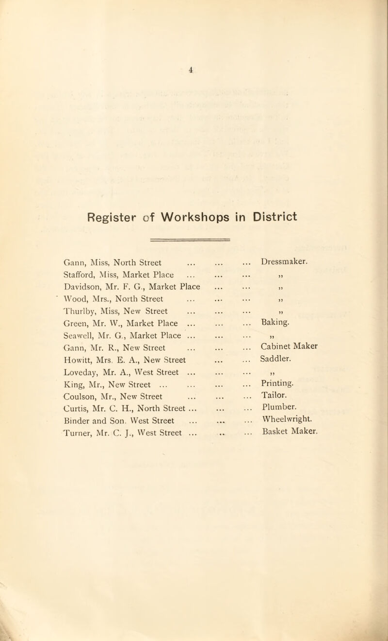 Register of Workshops in District Gann, Miss, North Street Stafford, Miss, Market Place Davidson, Mr. F. G,, Market Place Wood, Mrs., North Street Thurlby, Miss, New Street Green, Mr. W., Market Place ... Seawell, Mr. G., Market Place ... Gann, Mr. R., New Street Howitt, Mrs. E. A., New Street Loveday, Mr. A., West Street ... King, Mr., New Street ... Coulson, Mr., New Street Curtis, Mr. C. H., North Street ... Binder and Son. West Street Turner, Mr. C. J., West Street ... Dressmaker. J) J f >) Baking. JJ Cabinet Maker Saddler. )> Printing. Tailor. Plumber. Wheelwright. Basket Maker.