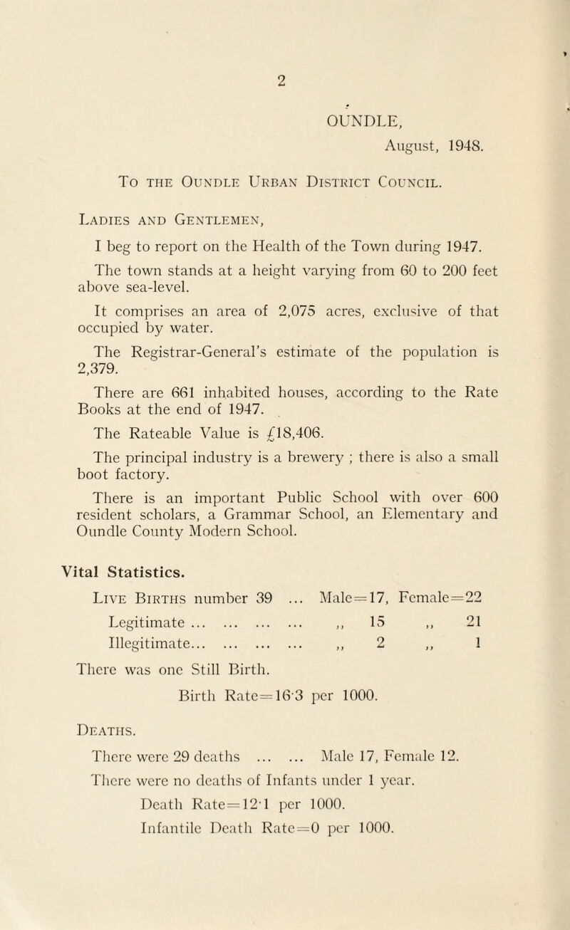 OUNDLE, August, 1948. To THE OUNDLE URBAN DISTRICT COUNCIL. Ladies and Gentlemen, I beg to report on the Health of the Town during 1947. The town stands at a height varying from 60 to 200 feet above sea-level. It comprises an area of 2,075 acres, exclusive of that occupied by water. The Registrar-General’s estimate of the population is 2,379. There are 661 inhabited houses, according to the Rate Books at the end of 1947. The Rateable Value is /18,406. The principal industry is a brewery ; there is also a small boot factory. There is an important Public School with over 600 resident scholars, a Grammar School, an Elementary and Oundle County Modern School. Vital Statistics. Live Births number 39 ... Male=17, Female = 22 Legitimate. „ 15 21 Illegitimate. „ 2 „ 1 icre was one Still Birth. Birth Rate=163 per 1000. Deaths. There were 29 deaths . Male 17, Female 12. There were no deaths of Infants under 1 year. Death Rate=12'l per 1000. Infantile Death Rate—0 per 1000.