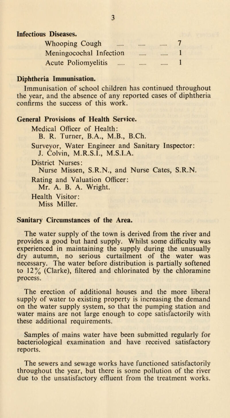 Infectious Diseases. Whooping Cough . 7 Meningocochal Infection . 1 Acute Poliomyelitis . 1 Diphtheria Immunisation. Immunisation of school children has continued throughout the year, and the absence of any reported cases of diphtheria confirms the success of this work. General Provisions of Health Service. Medical OlTicer of Health: B. R. Turner, B.A., M.B., B.Ch. Surveyor, Water Engineer and Sanitary Inspector: J. Colvin, M.R.S.I., M.S.I.A. District Nurses: Nurse Missen, S.R.N., and Nurse Cates, S.R.N. Rating and Valuation Officer: Mr. A. B. A. Wright. Health Visitor: Miss Miller. Sanitary Circumstances of the Area. The water supply of the town is derived from the river and provides a good but hard supply. Whilst some difficulty was experienced in maintaining the supply during the unusually dry autumn, no serious curtailment of the water was necessary. The water before distribution is partially softened to 12% (Clarke), filtered and chlorinated by the chloramine process. The erection of additional houses and the more liberal supply of water to existing property is increasing the demand on the water supply system, so that the pumping station and water mains are not large enough to cope satisfactorily with these additional requirements. Samples of mains water have been submitted regularly for bacteriological examination and have received satisfactory reports. The sewers and sewage works have functioned satisfactorily throughout the year, but there is some pollution of the river due to the unsatisfactory effluent from the treatment works.
