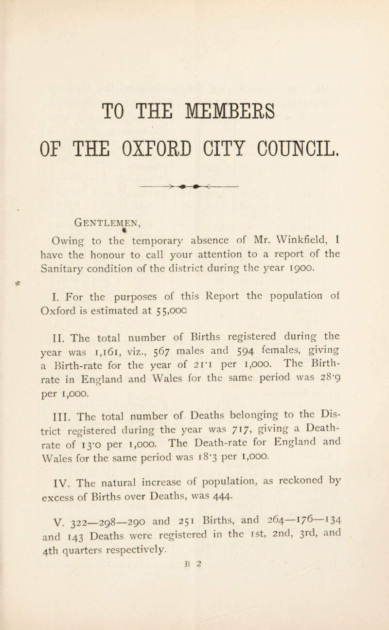 TO THE MEMBERS OF THE OXFORD CITY COUNCIL. Gentlemen, t Owing to the temporary absence of Mr. Winkfield, I have the honour to call your attention to a report of the Sanitary condition of the district during the year 1900. I. For the purposes of this Report the population of Oxford is estimated at 55,00c II. The total number of Births registered during the year was 1,161, viz., 5^7 males and 594 females, giving a Birth-rate for the year of 2i'i per 1,000. The Birth¬ rate in England and Wales for the same period was 28-9 per 1,000. III. The total number of Deaths belonging to the Dis¬ trict registered during the year was 717, giving a Death- rate of 13*0 per 1,000. The Death-rate for England and Wales for the same period was 18*3 per 1,000. IV. The natural increase of population, as reckoned by excess of Births over Deaths, was 444. V. 322—298—290 and 251 Births, and 264—176—134 and 143 Deaths were registered in the 1st, 2nd, 3rd, and 4th quarters respectively. B 2