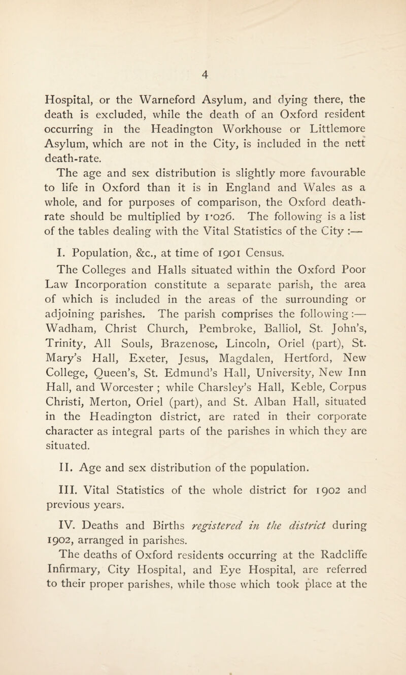 Hospital, or the Warneford Asylum, and dying there, the death is excluded, while the death of an Oxford resident occurring in the Headington Workhouse or Littlemore Asylum, which are not in the City, is included in the nett death-rate. The age and sex distribution is slightly more favourable to life in Oxford than it is in England and Wales as a whole, and for purposes of comparison, the Oxford death- rate should be multiplied by rc>26. The following is a list of the tables dealing with the Vital Statistics of the City :— I. Population, &c., at time of 1901 Census. The Colleges and Halls situated within the Oxford Poor Law Incorporation constitute a separate parish, the area of which is included in the areas of the surrounding or adjoining parishes. The parish comprises the following:— Wadham, Christ Church, Pembroke, Balliol, St. John’s, Trinity, All Souls, Brazenose, Lincoln, Oriel (part), St. Mary’s Hall, Exeter, Jesus, Magdalen, Hertford, New College, Queen’s, St. Edmund’s Hall, University, New Inn Hall, and Worcester ; while Charsley’s Hall, Keble, Corpus Christi, Merton, Oriel (part), and St. Alban Hall, situated in the Headington district, are rated in their corporate character as integral parts of the parishes in which they are situated. II. Age and sex distribution of the population. III. Vital Statistics of the whole district for 1902 and previous years. IV. Deaths and Births registered in the district during 1902, arranged in parishes. The deaths of Oxford residents occurring at the Radcliffe Infirmary, City Hospital, and Eye Hospital, are referred to their proper parishes, while those which took place at the