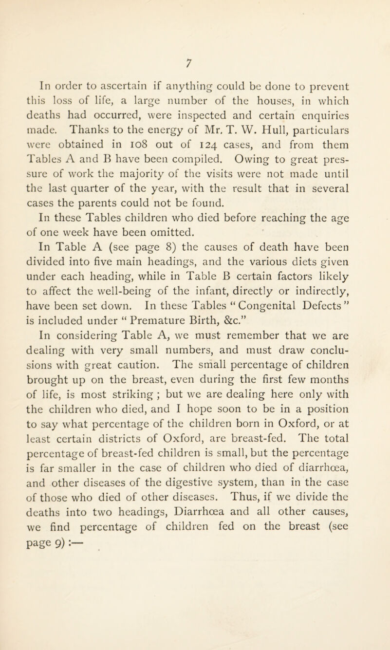 In order to ascertain if anything could be done to prevent this loss of life, a large number of the houses, in which deaths had occurred, were inspected and certain enquiries made. Thanks to the energy of Mr. T. W. Hull, particulars were obtained in 108 out of 124 cases, and from them Tables A and B have been compiled. Owing to great pres¬ sure of work the majority of the visits were not made until the last quarter of the year, with the result that in several cases the parents could not be found. In these Tables children who died before reaching the age of one week have been omitted. In Table A (see page 8) the causes of death have been divided into five main headings, and the various diets given under each heading, while in Table B certain factors likely to affect the well-being of the infant, directly or indirectly, have been set down. In these Tables “Congenital Defects ” is included under “ Premature Birth, &c.” In considering Table A, we must remember that we are dealing with very small numbers, and must draw conclu¬ sions with great caution. The small percentage of children brought up on the breast, even during the first few months of life, is most striking ; but we are dealing here only with the children who died, and I hope soon to be in a position to say what percentage of the children born in Oxford, or at least certain districts of Oxford, are breast-fed. The total percentage of breast-fed children is small, but the percentage is far smaller in the case of children who died of diarrhoea, and other diseases of the digestive system, than in the case of those who died of other diseases. Thus, if we divide the deaths into two headings, Diarrhoea and all other causes, we find percentage of children fed on the breast (see page 9)