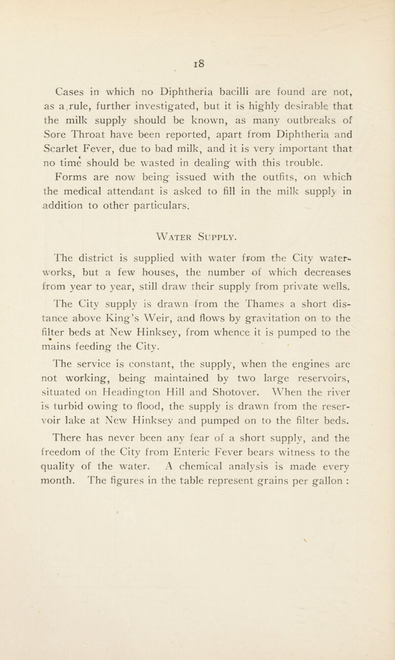 Cases in which no Diphtheria bacilli are found are not, as a.rule, further investigated, but it is highly desirable that the milk supply should be known, as many outbreaks of Sore Throat have been reported, apart from Diphtheria and Scarlet Fever, due to bad milk, and it is very important that no time should be wasted in dealing with this trouble. Forms are now being issued with the outfits, on which the medical attendant is asked to fill in the milk supply in addition to other particulars. Water Supply. The district is supplied with water from the City water¬ works, but a few houses, the number of which decreases from year to year, still draw their supply from private wells. The City supply is drawn from the Thames a short dis¬ tance above King’s Weir, and flows by gravitation on to the filter beds at New Hinksey, from whence it is pumped to the mains feeding the City. The service is constant, the supply, when the engines are not working, being maintained by two large reservoirs, situated on Headington Hill and Shotover. When the river is turbid owing to flood, the supply is drawn from the reser¬ voir lake at New Hinksey and pumped on to the filter beds. There has never been any fear of a short supply, and the freedom of the City from Enteric Fever bears witness to the quality of the water. A chemical analysis is made every month. The figures in the table represent grains per gallon : \